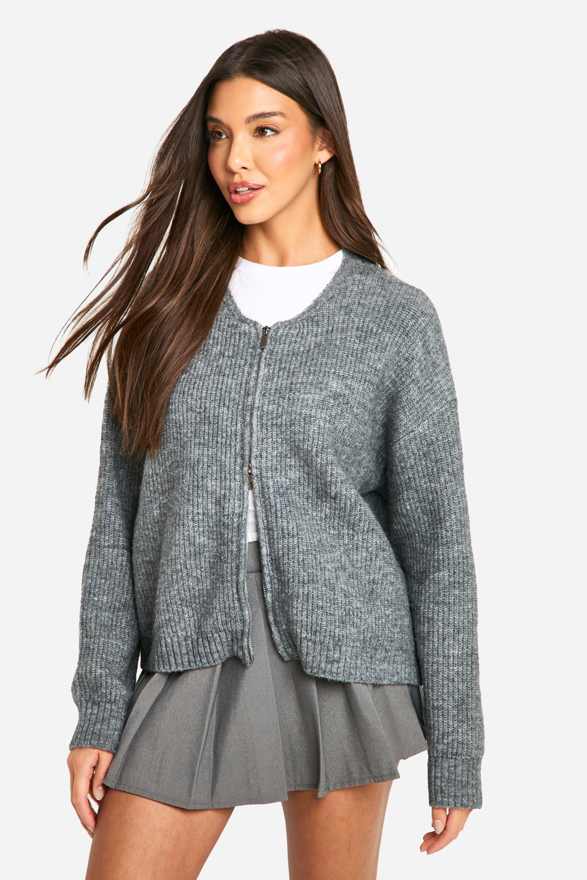 Boohoo Pluizige Gebreide Cardigan Met Rits En Bomberjack, Grey Marl