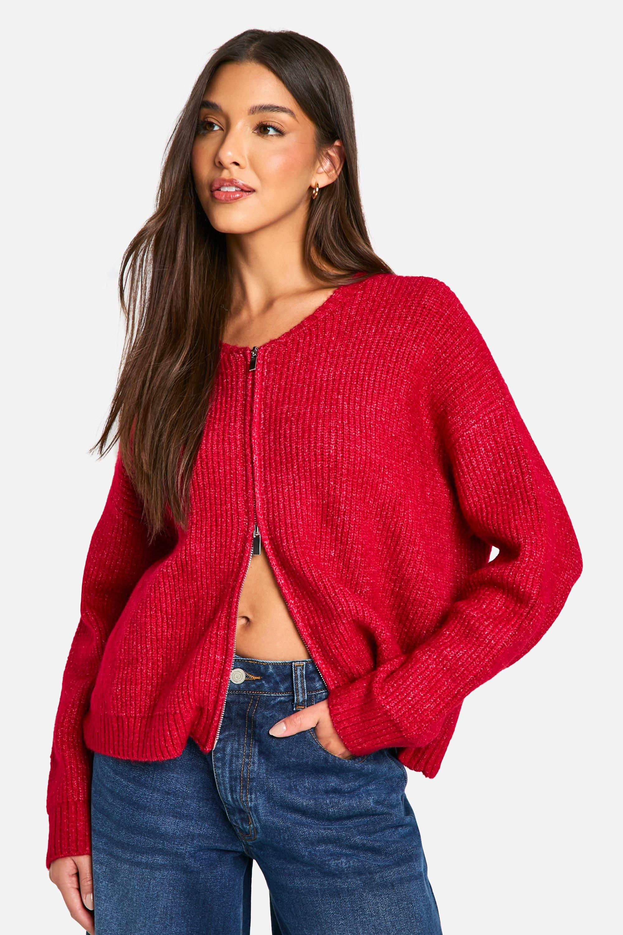 Boohoo Pluizige Gebreide Cardigan Met Rits En Bomberjack, Red