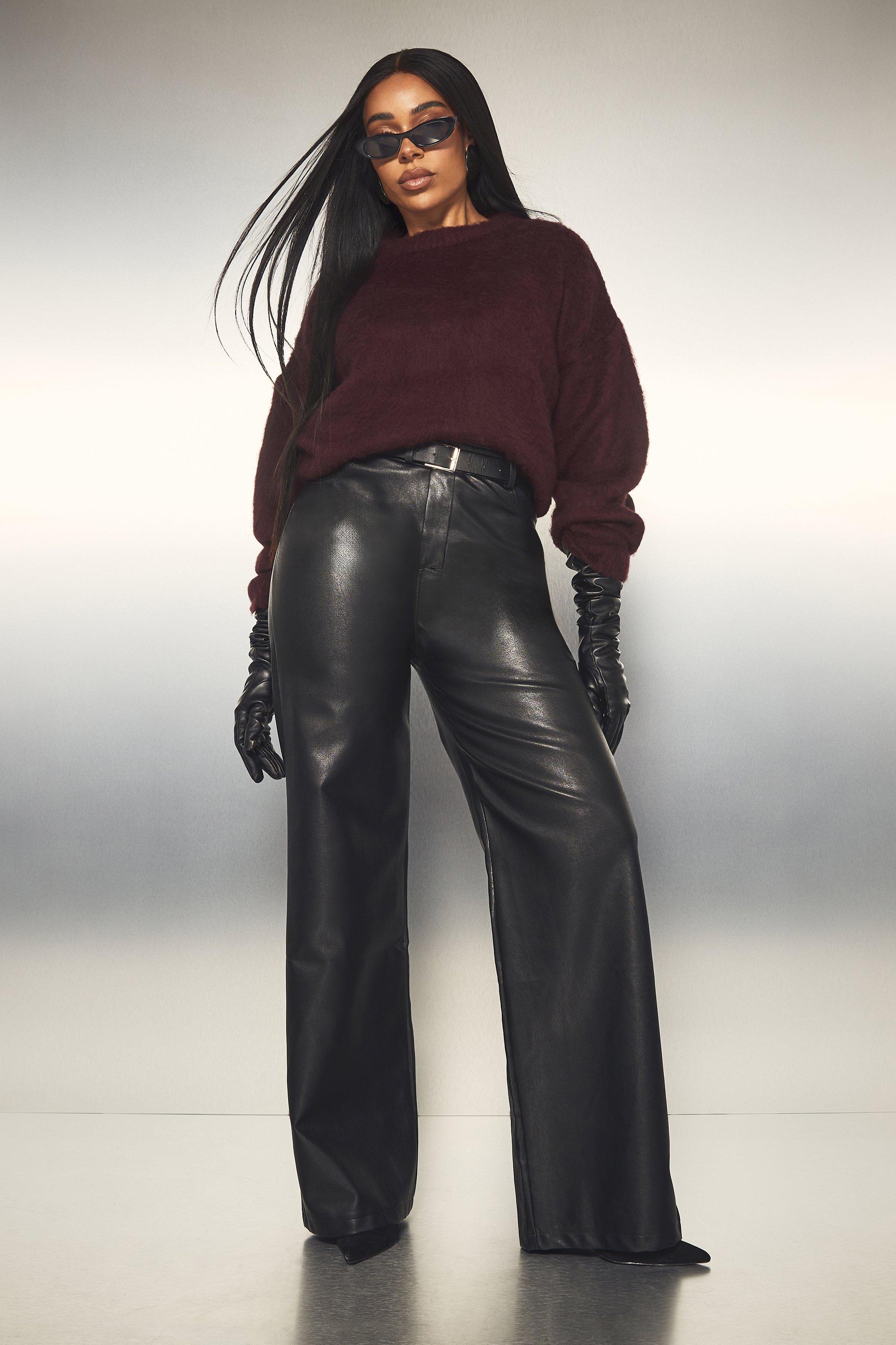 Image of Pantaloni a gamba ampia Plus Size a vita alta in PU, Nero