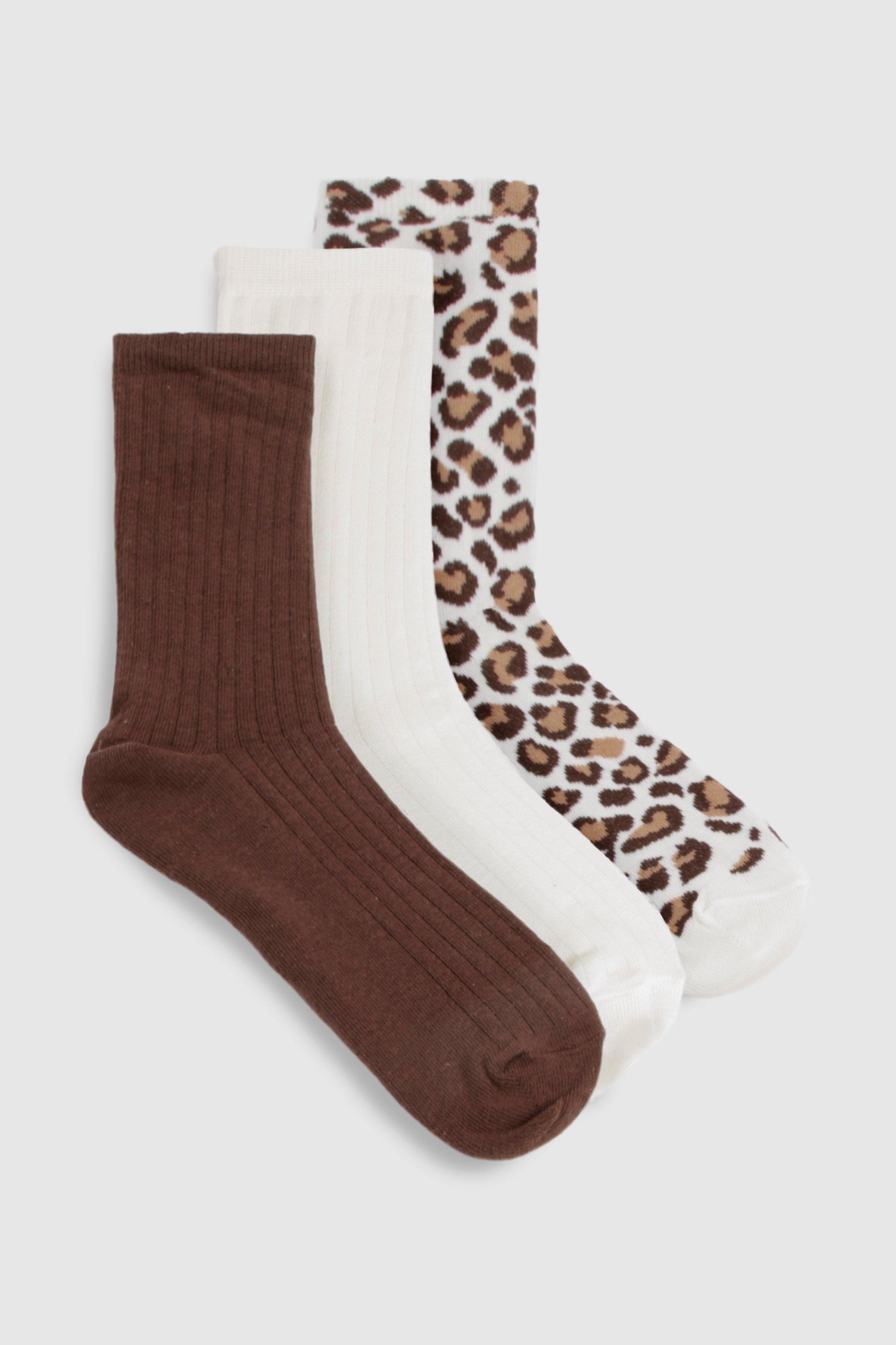 Womens Leopard 3 Pack Crew Socks - Multi - One Size, Multi