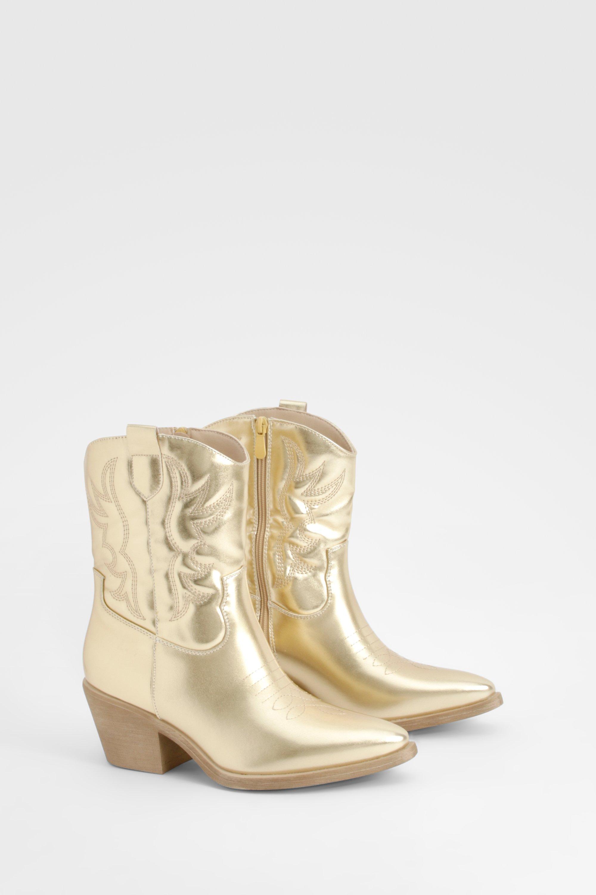 Boohoo Metallic Ankle High Western Cowboy Boots, Gold