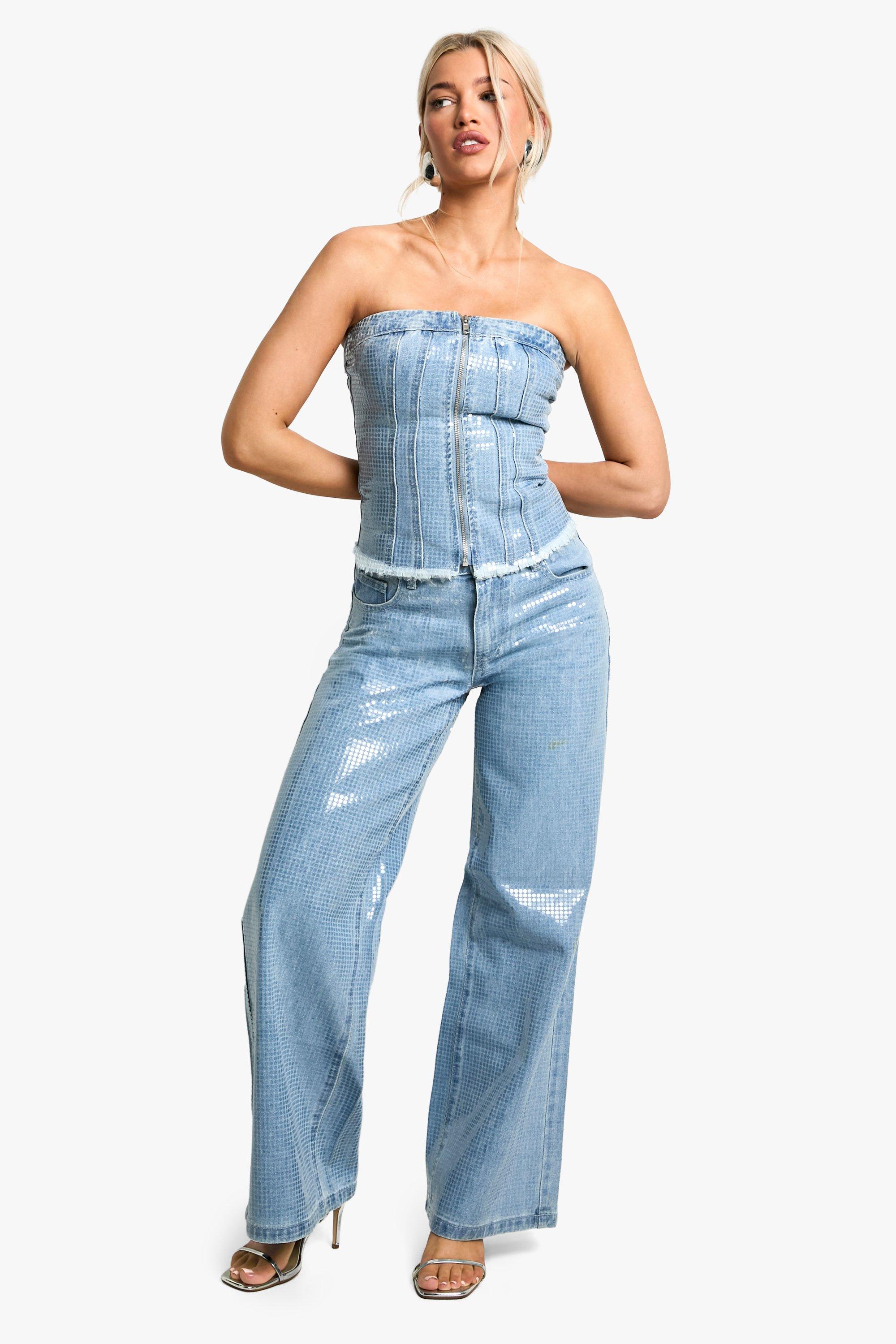 Boohoo Transparante Wide Leg Jeans Met Pailletten, Light Wash