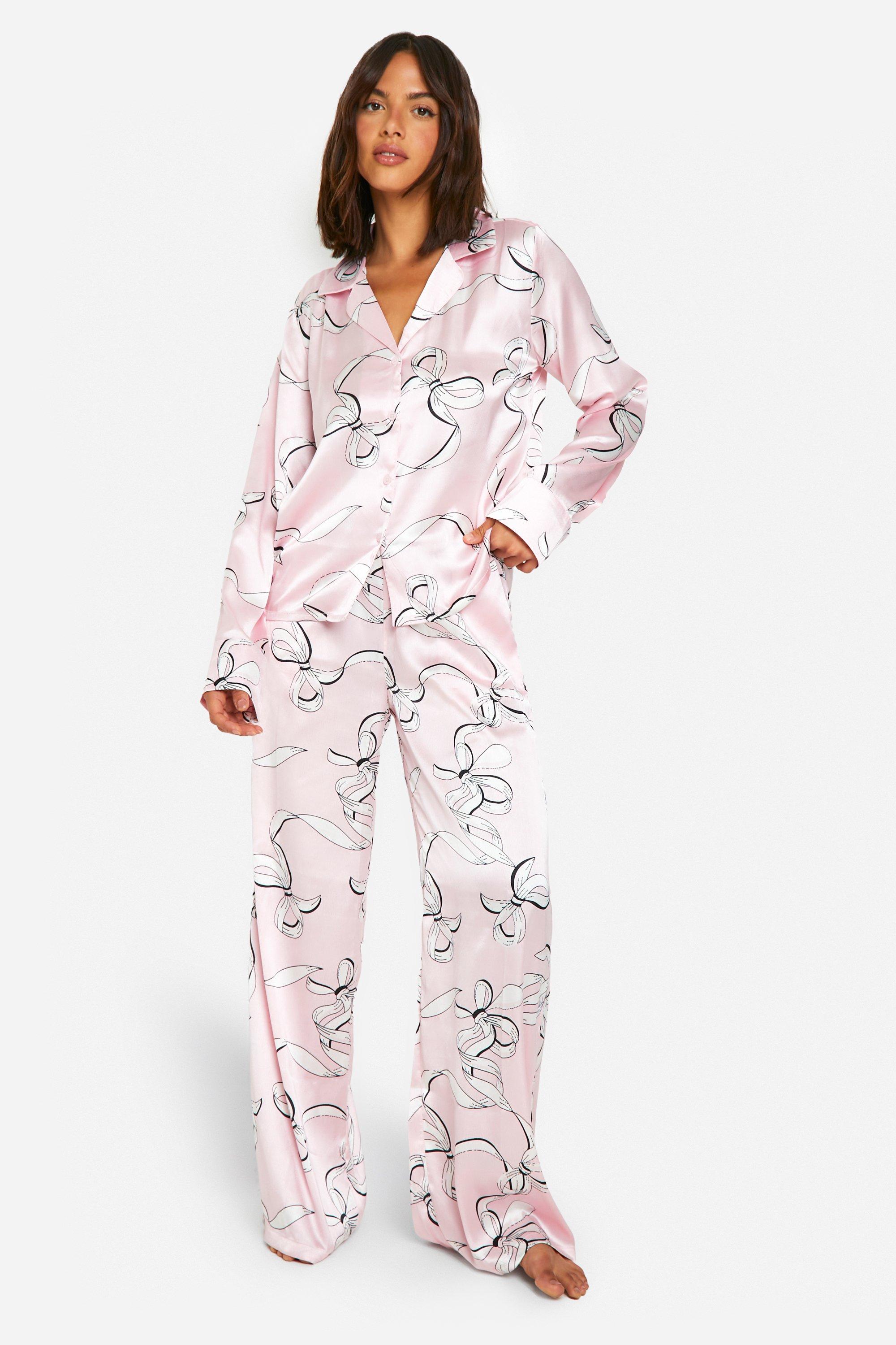 Womens Bow Print Satin Trouser Pyjama Set - Pink - 8, Pink