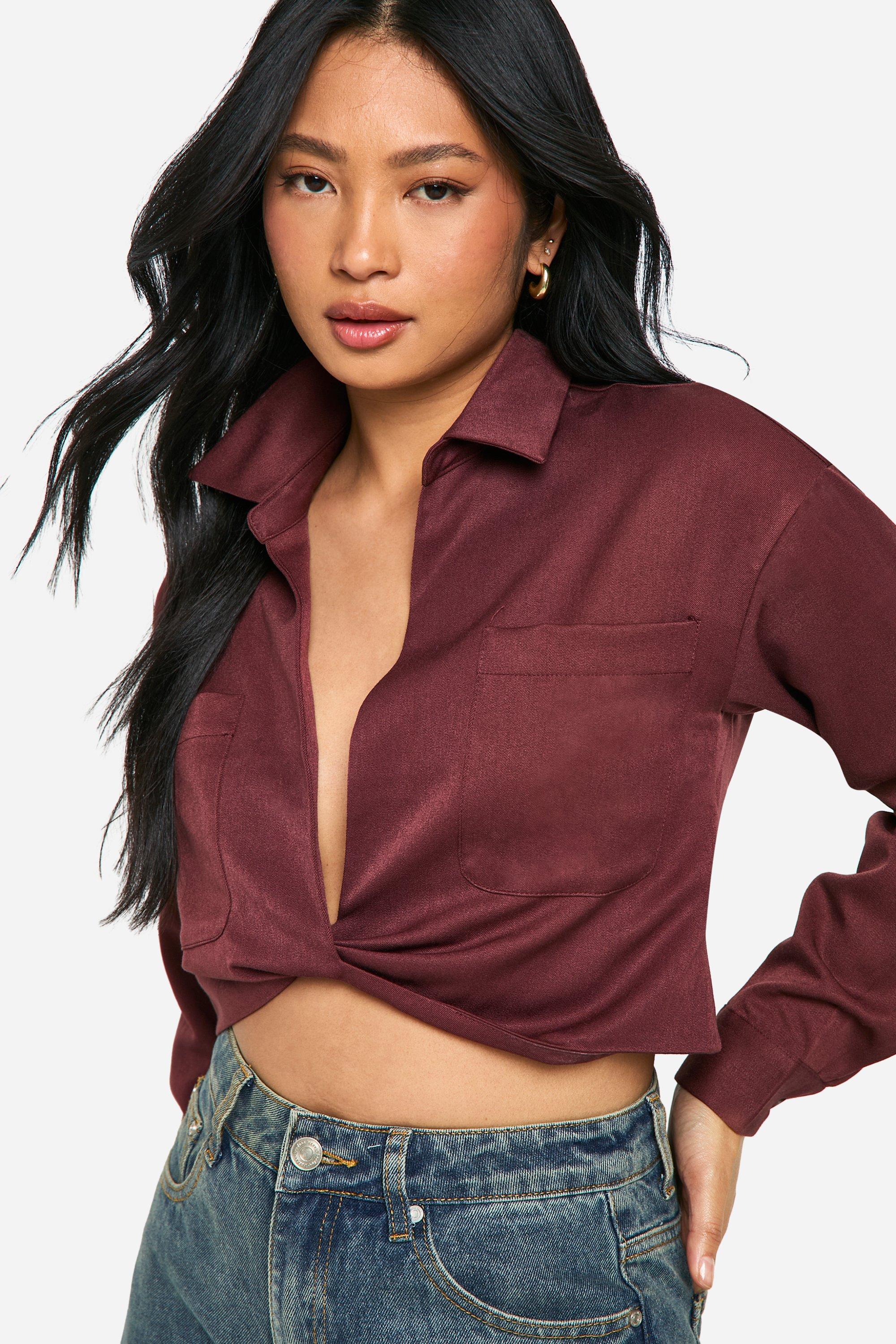 Boohoo Petite Gedraaide Baggy Blouse, Chocolate