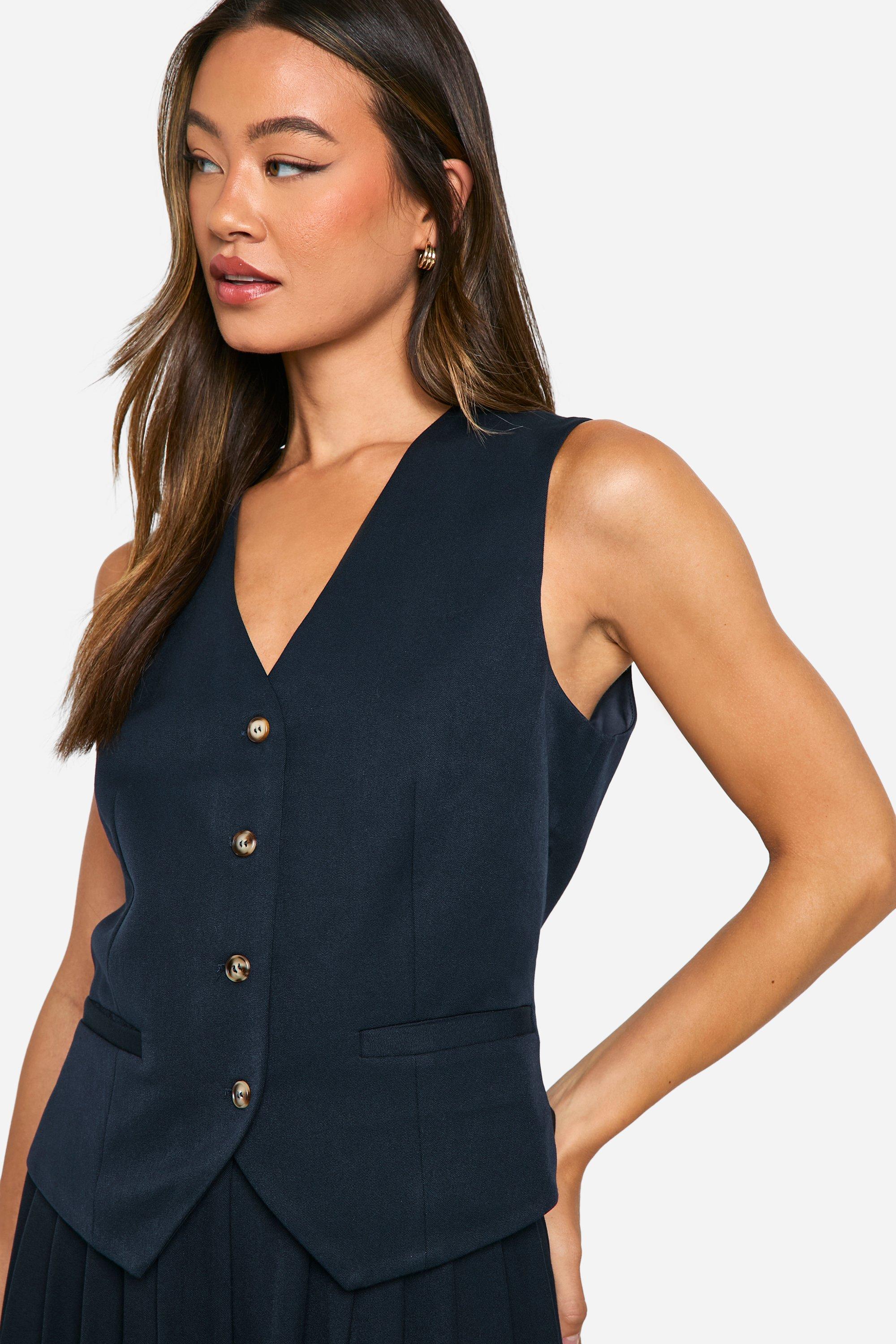 Womens Tall Mock Horn Button Fitted Waistcoat - Navy - 14, Navy