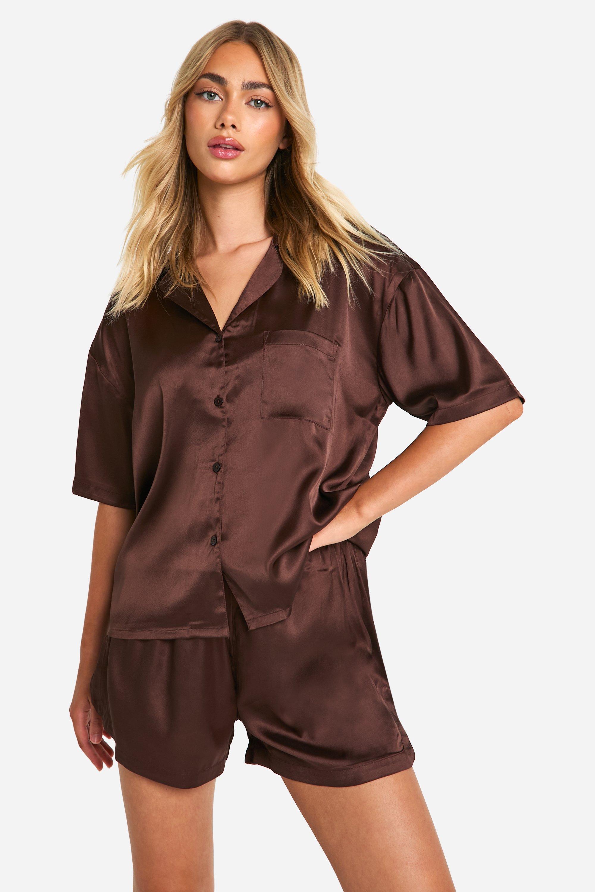 Womens Chocolate Satin Short Pj Set - Brown - 14, Brown