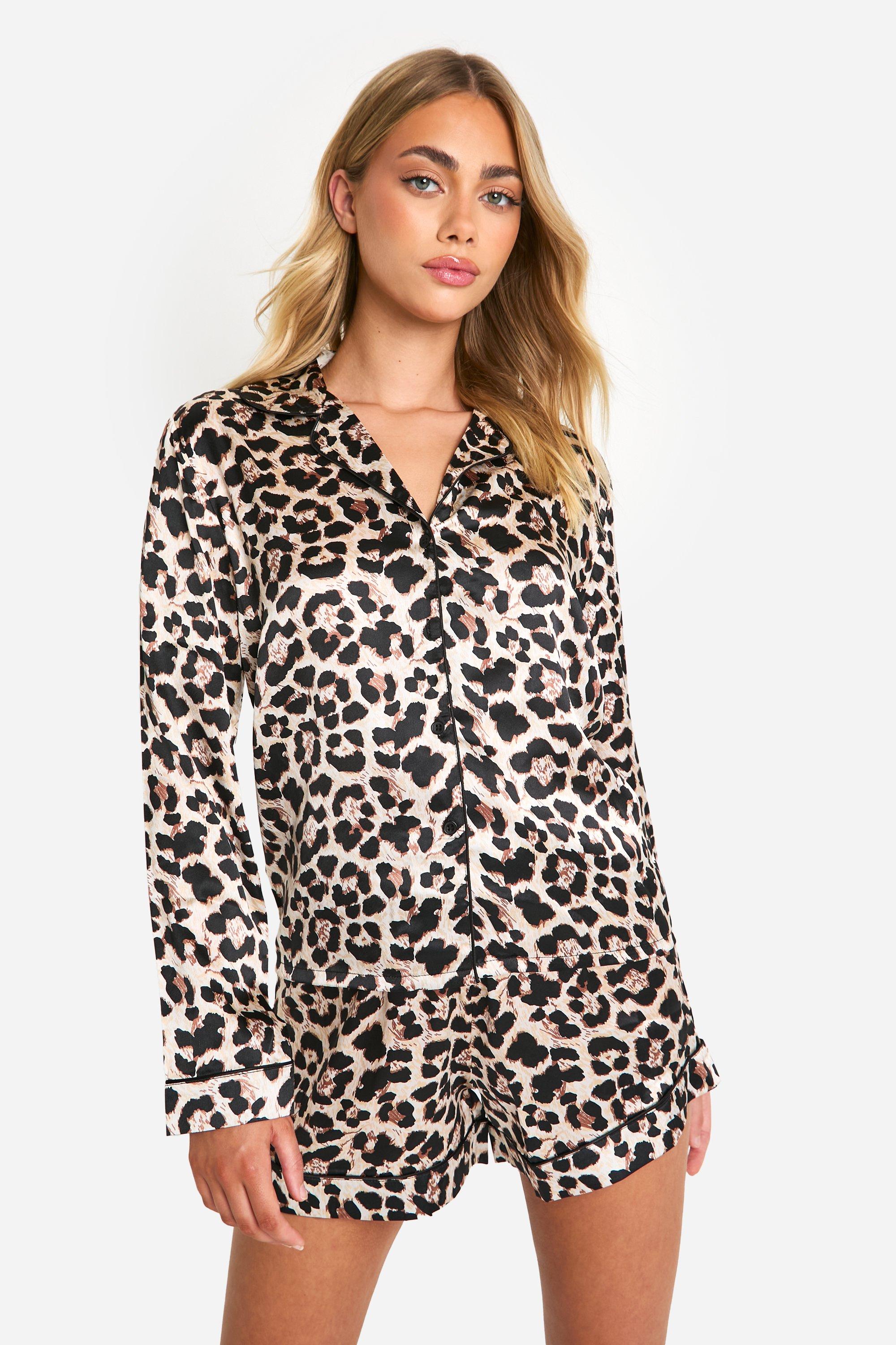 Womens Leopard Satin Short Pj Set - Multi - 10, Multi