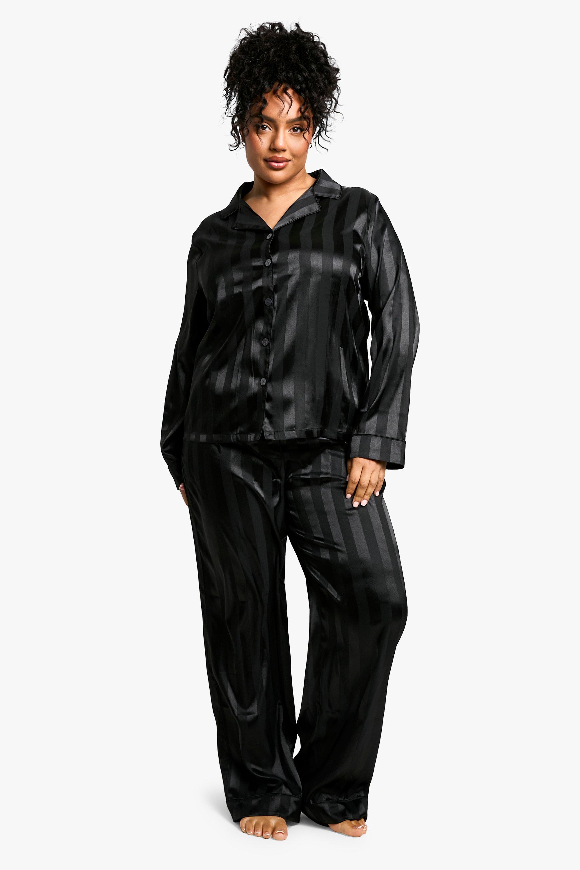 Womens Plus Jacquard Stripe Satin Pj Shirt Set - Black - 28, Black