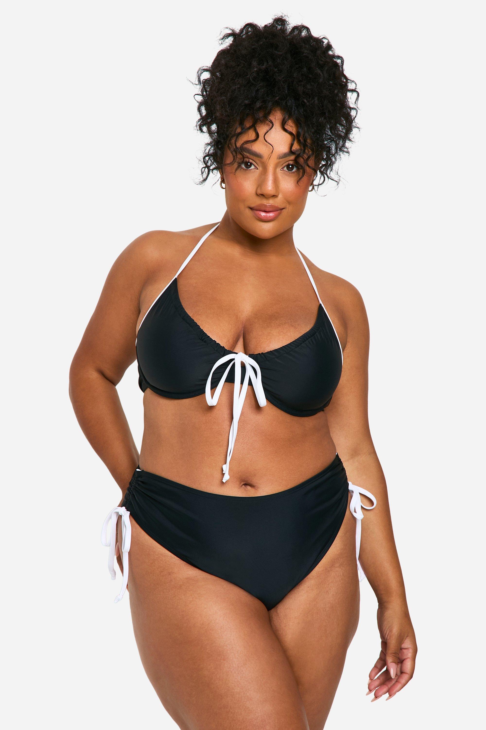 Boohoo Plus Contrasterende Bikini Top Met Strik, Black