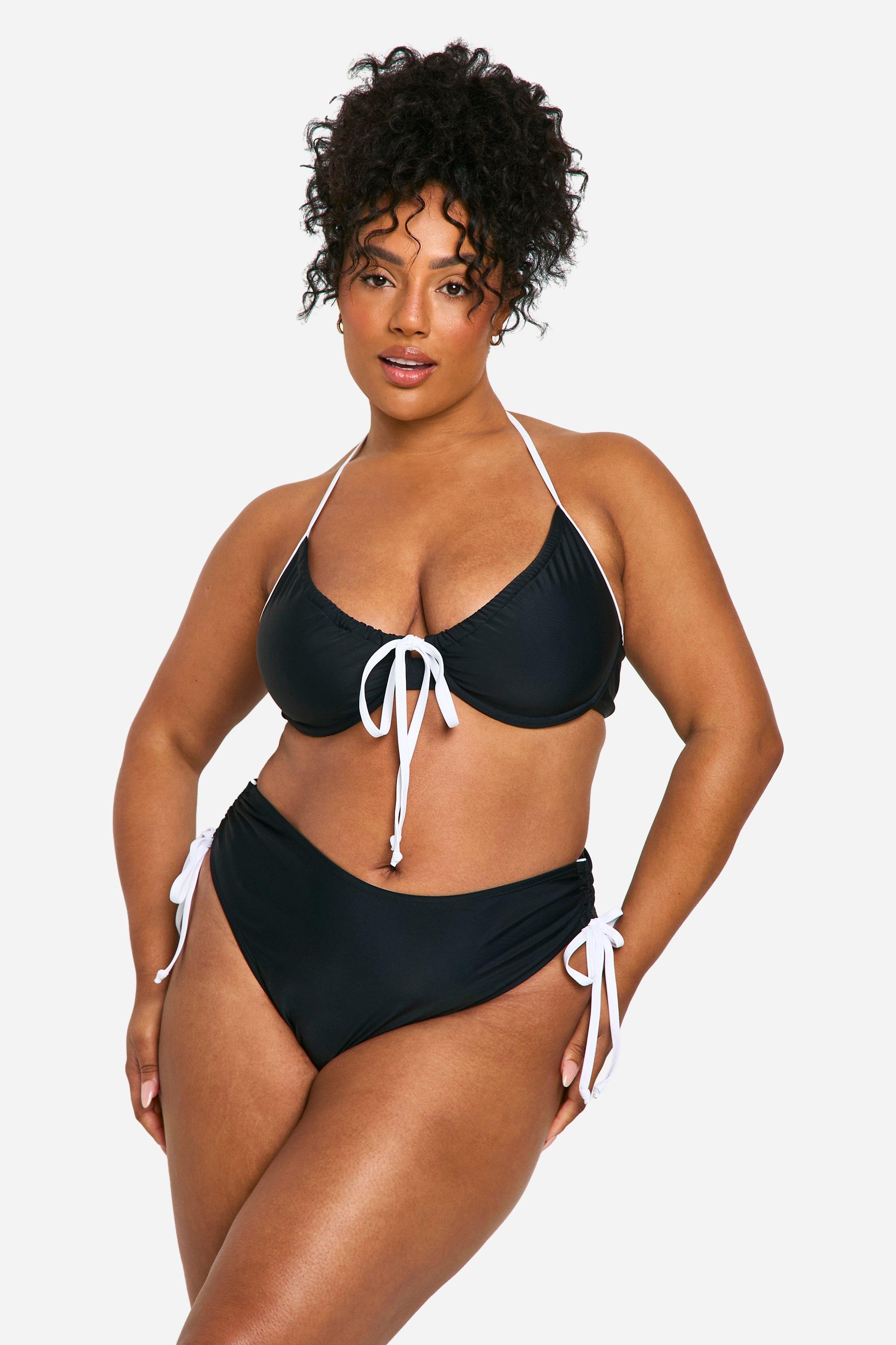 Boohoo Plus Geplooid Contrasterend Bikini Broekje Met Ceintuur, Black