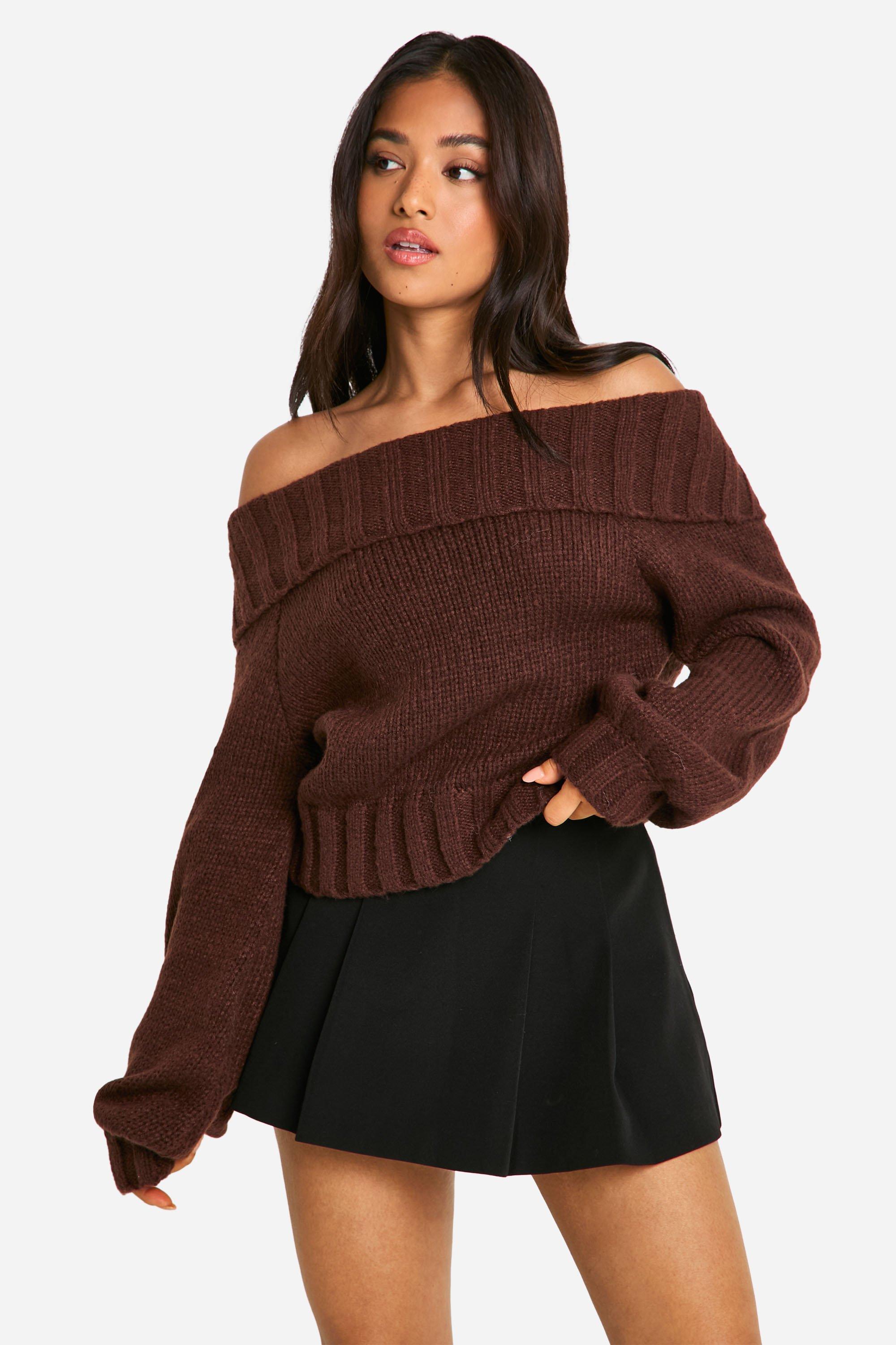 Image of Maglione Petite in maglia a coste con scollo Bardot e maniche a palloncino, Brown