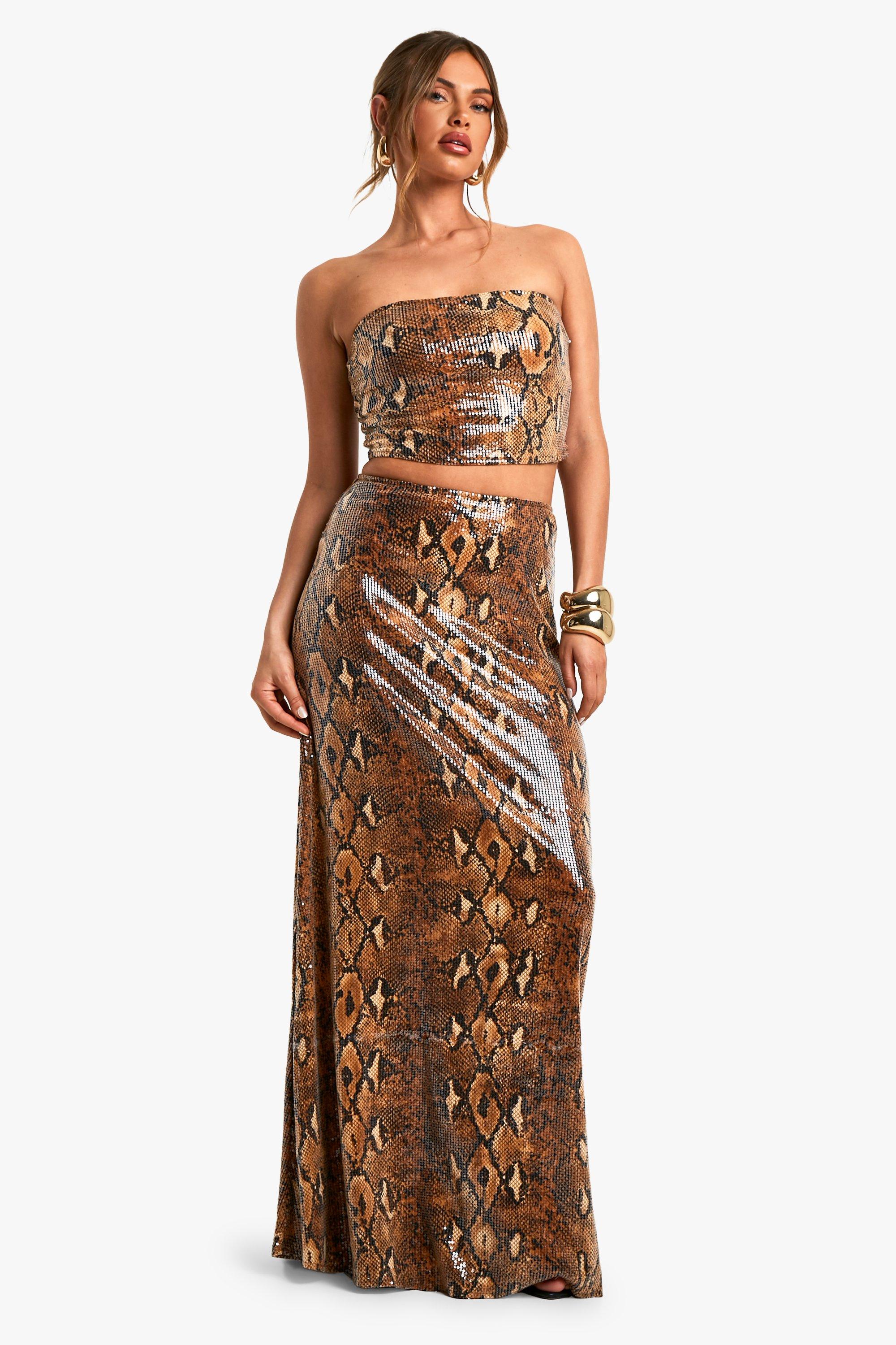 Boohoo Slangenprint Maxi Rok Met Pailletten, Brown