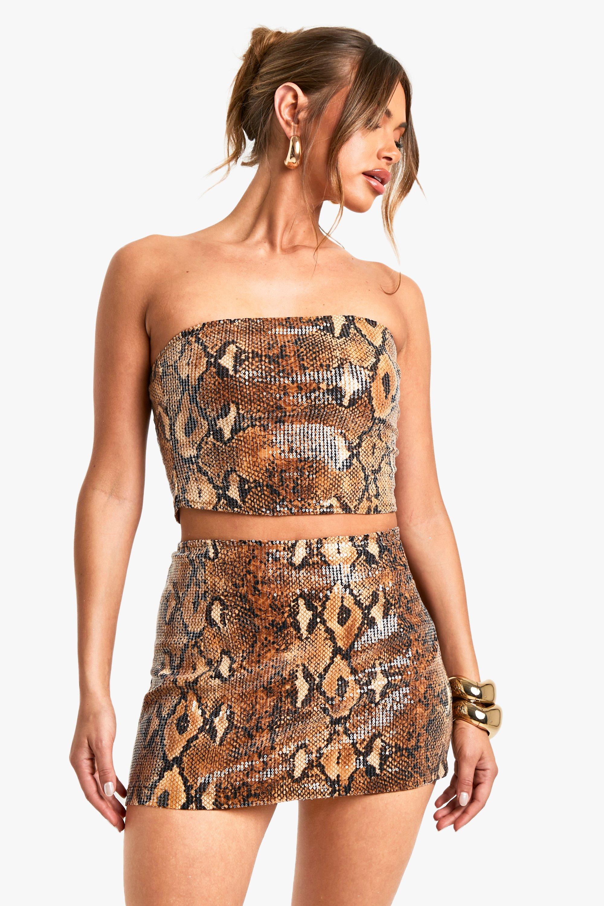 Boohoo Slangenprint Mini Rokje Met Pailletten, Brown