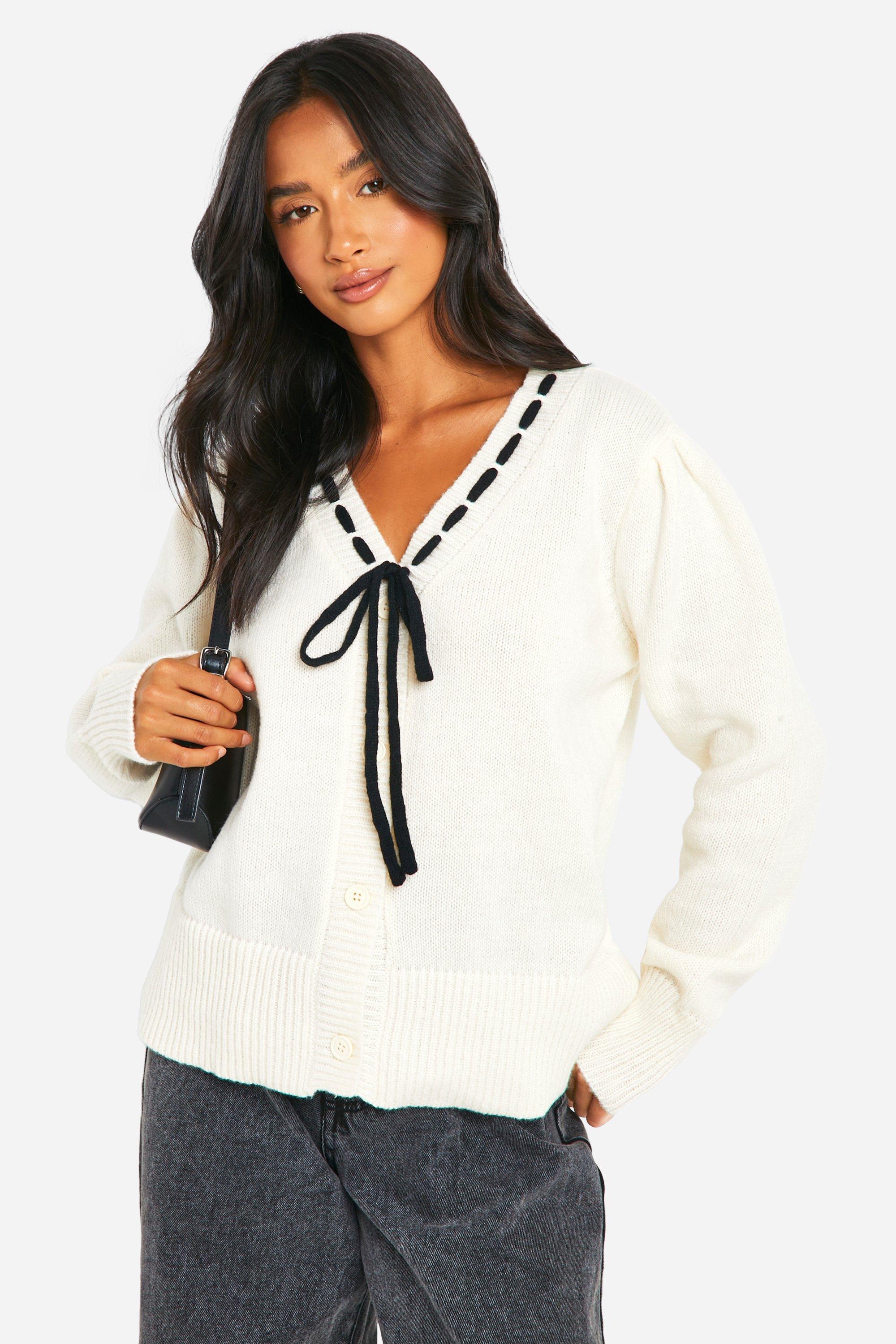 Boohoo Petite Gebreide Cardigan Met Contrasterende Band, Ivory