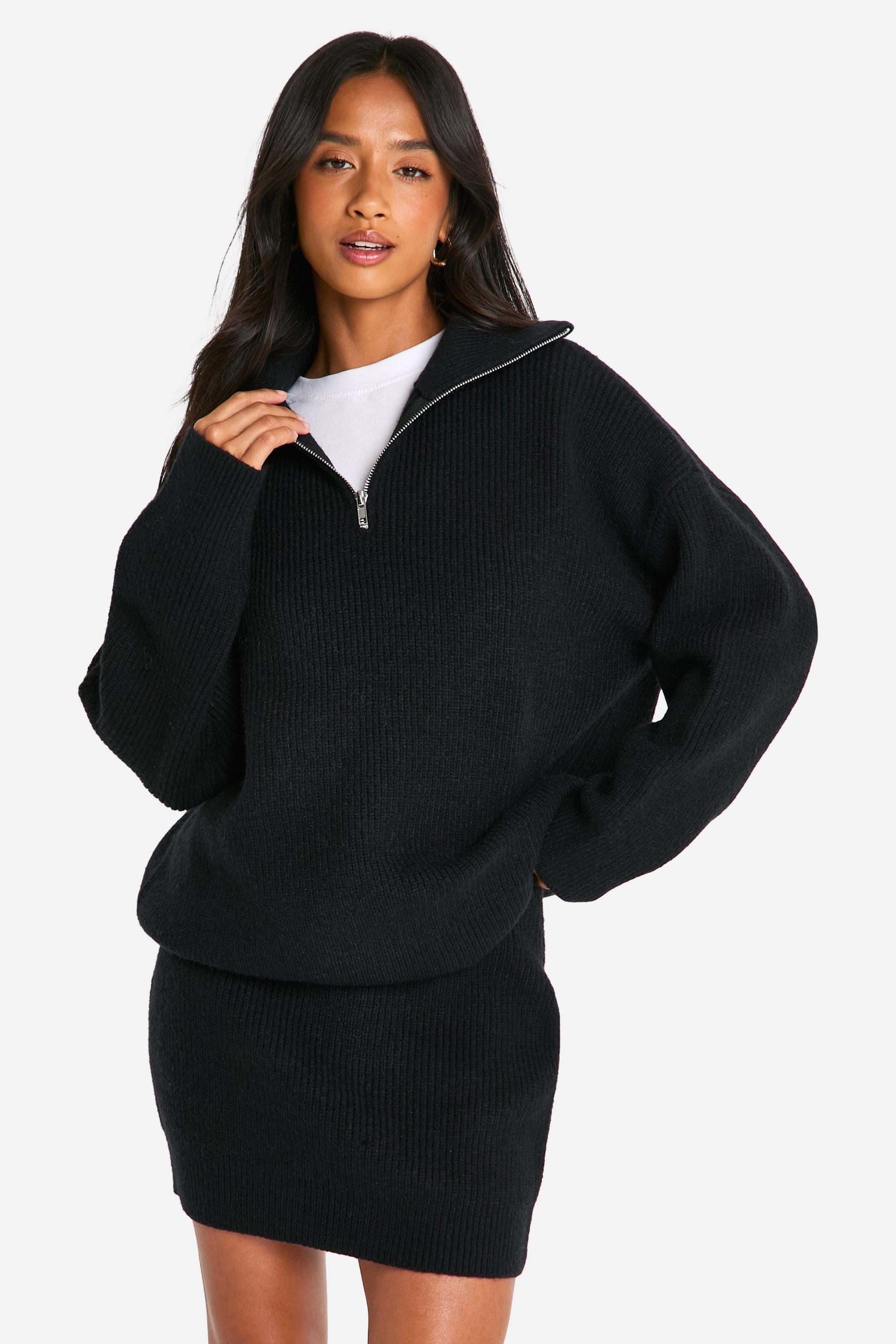 "Petite" - Ensemble Côtelé Avec Pull À Col Zippé Et Mini-Jupe - Noir - S, Noir