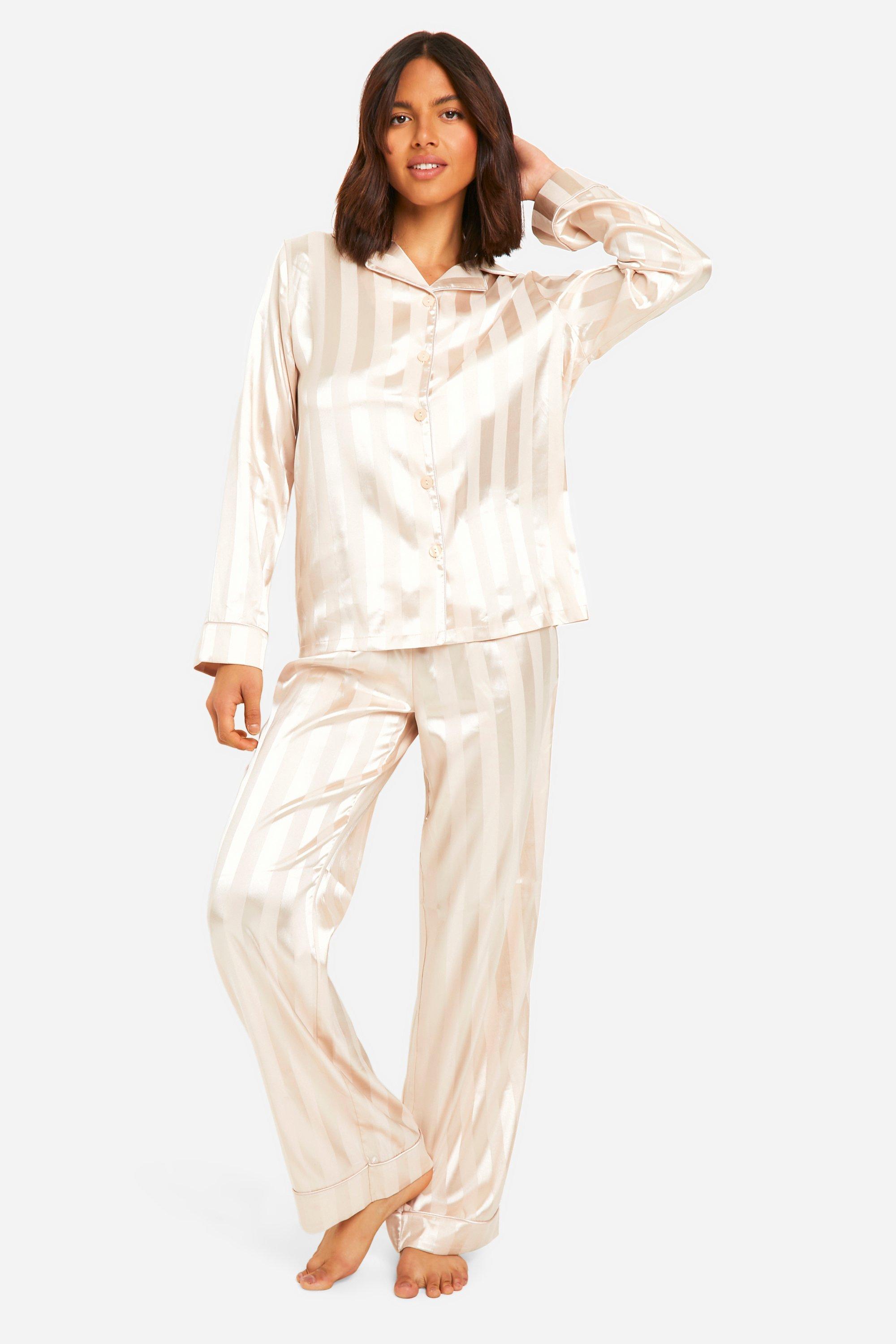 Womens Jacquard Stripe Satin Trouser Pj Shirt Set - White - 6, White