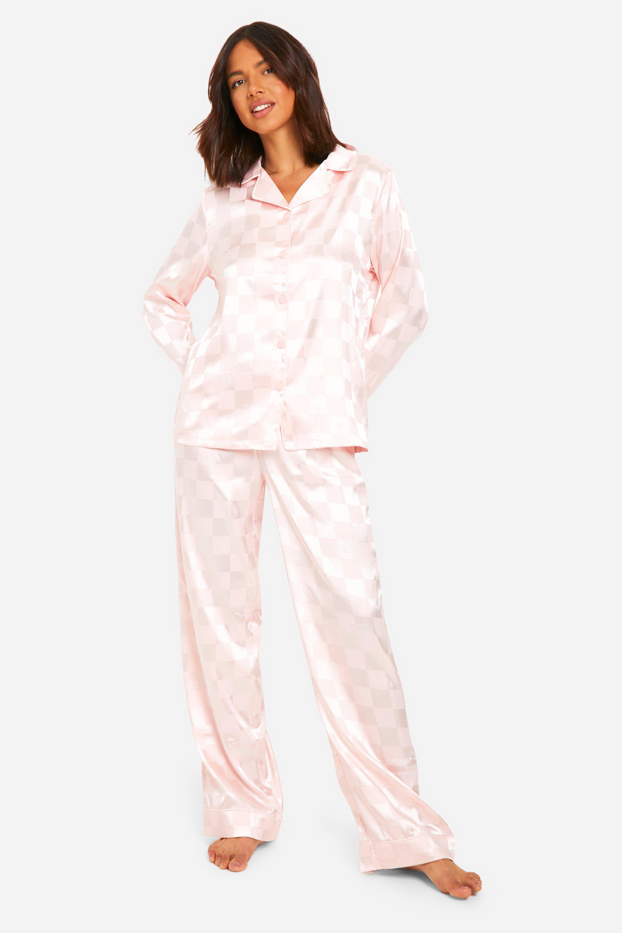 Womens Checkerboard Jacquard Stripe Satin Trouser Pj Shirt Set - Pink - 8, Pink