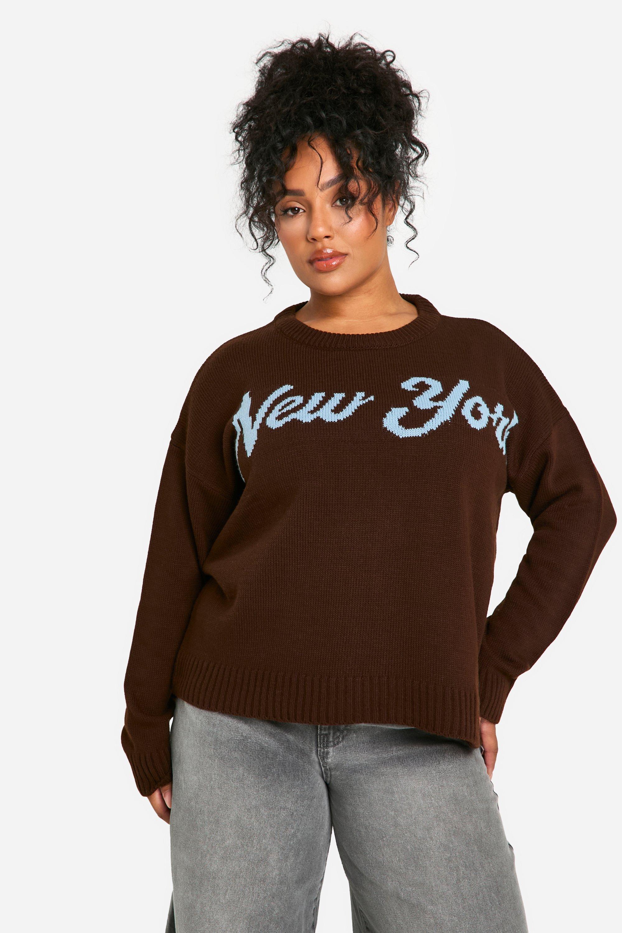 Image of Maglione Plus Size oversize in maglia con scritta New York, Brown