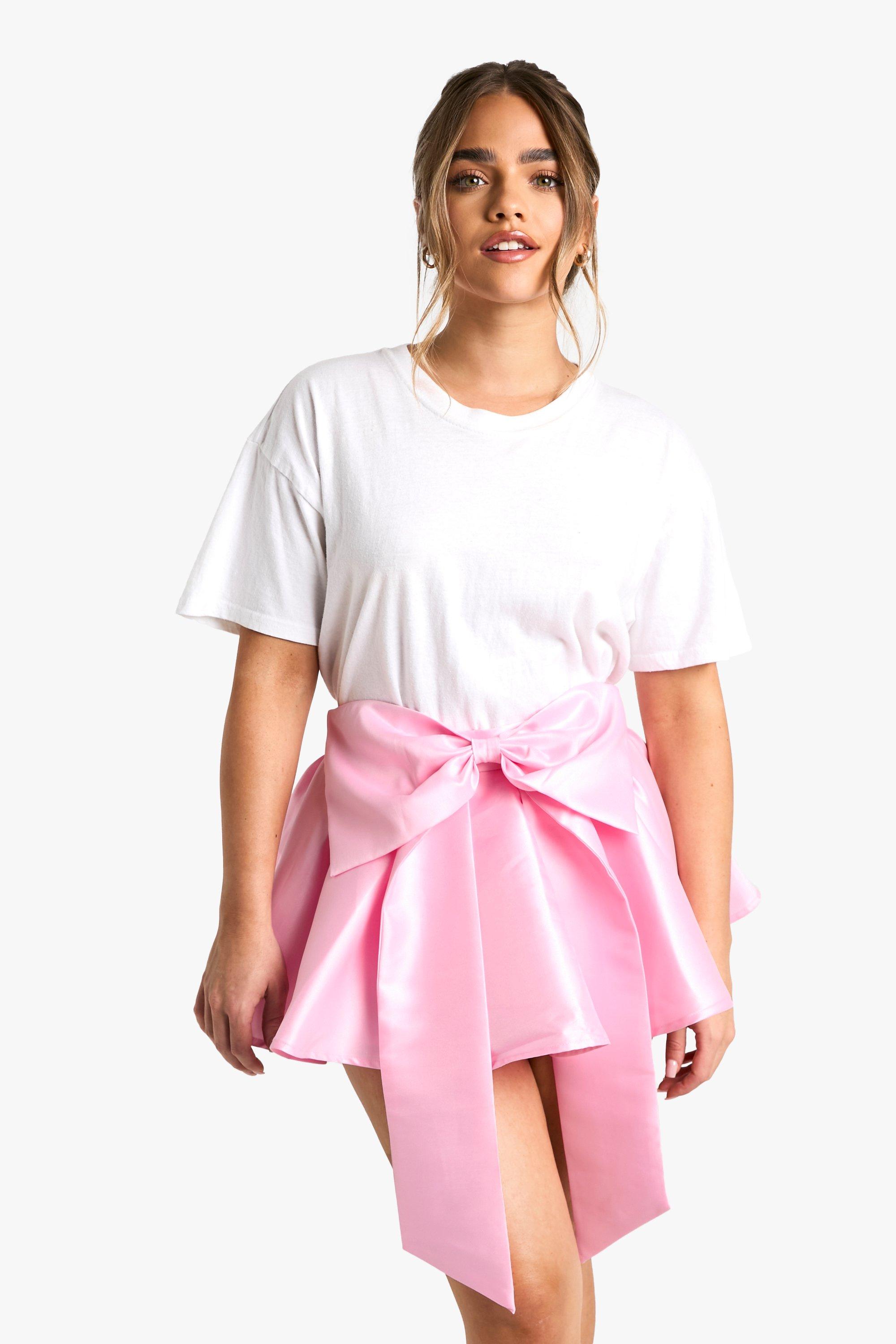 Boohoo Petite Satin Bow Skater Mini Skirt, Baby Pink