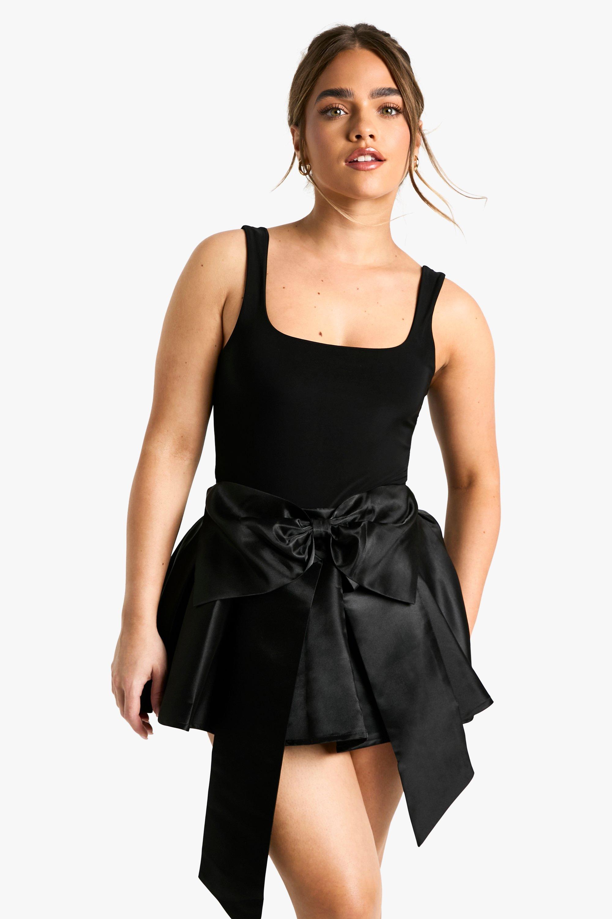 Boohoo Petite Satin Bow Skater Mini Skirt, Black