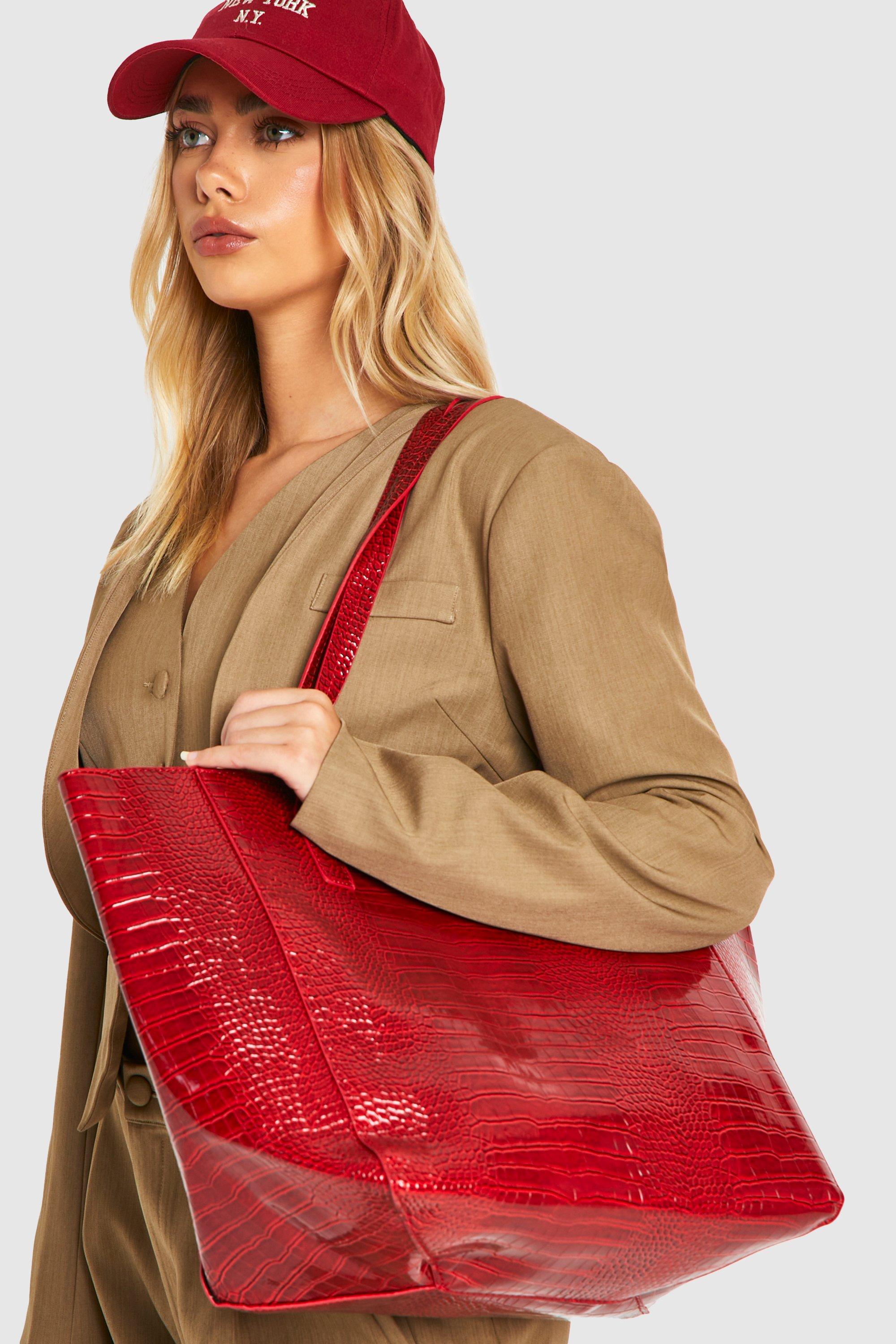 Womens Oversized Faux Leather Croc Tote Day Bag - Red - One Size, Red