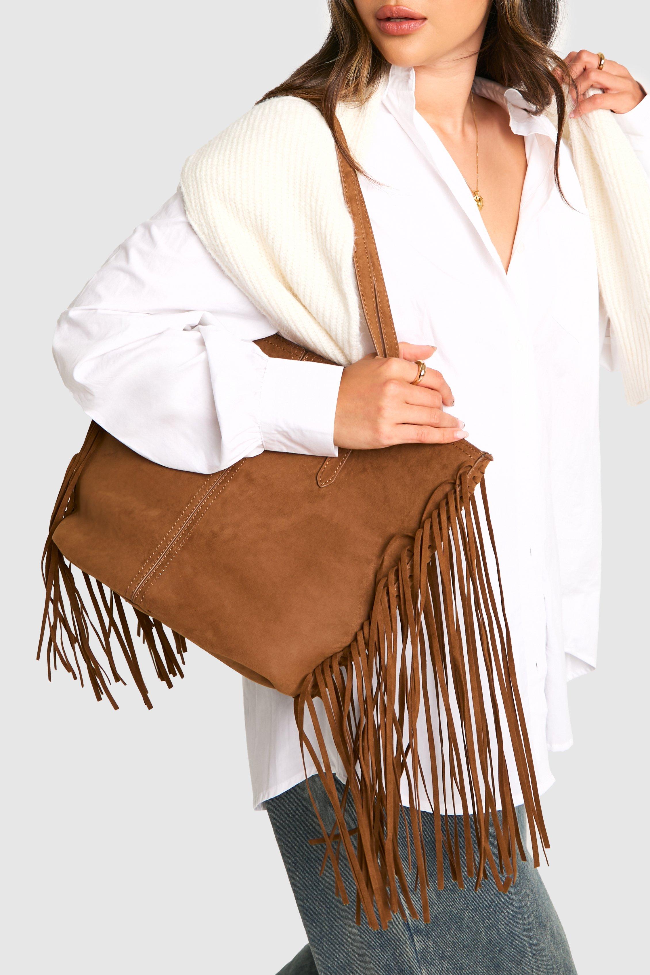 Womens Faux Suede Fringed Shopper Tote Bag - Brown - One Size, Brown