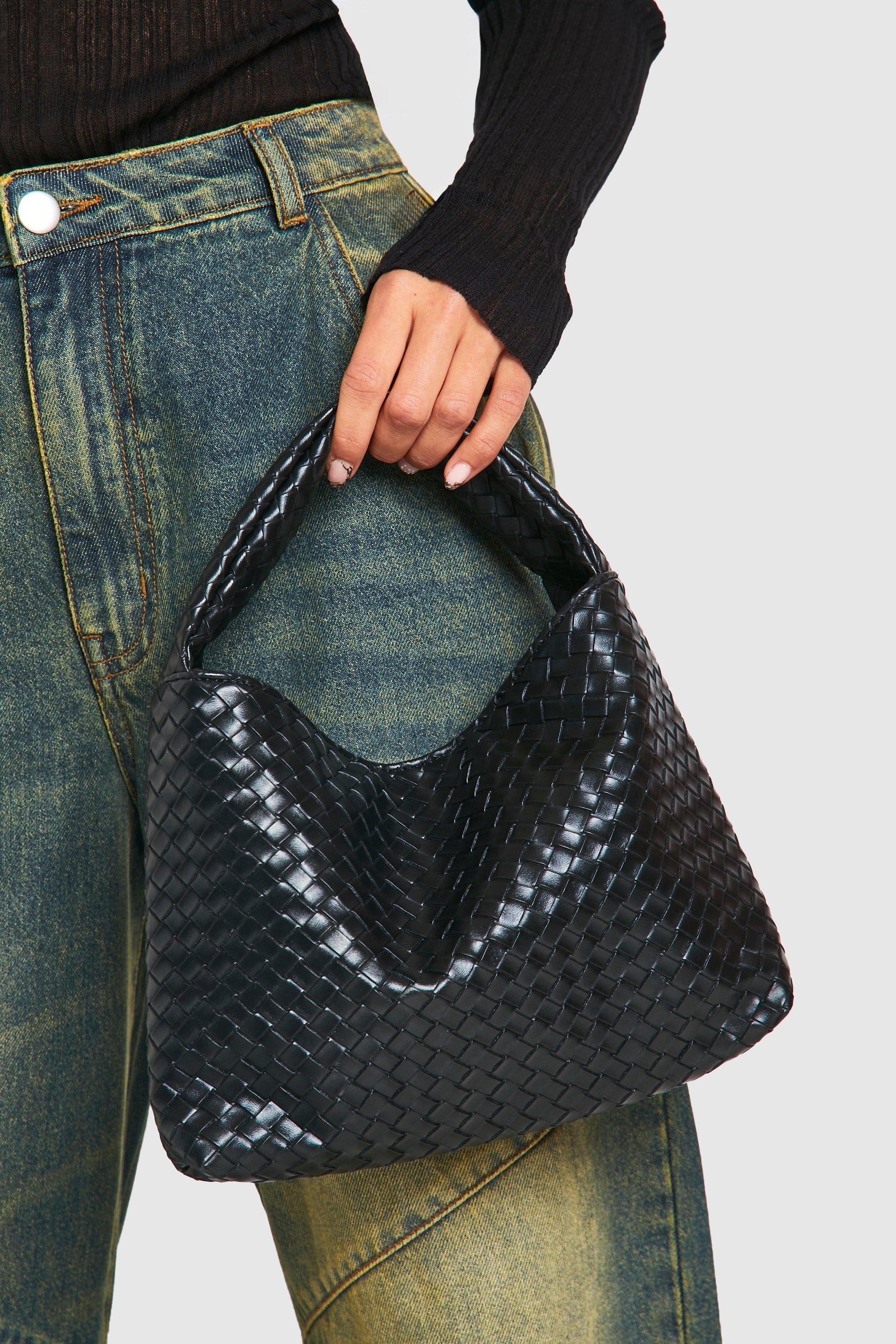 Womens Woven Leather Look Grab Bag - Black - One Size, Black