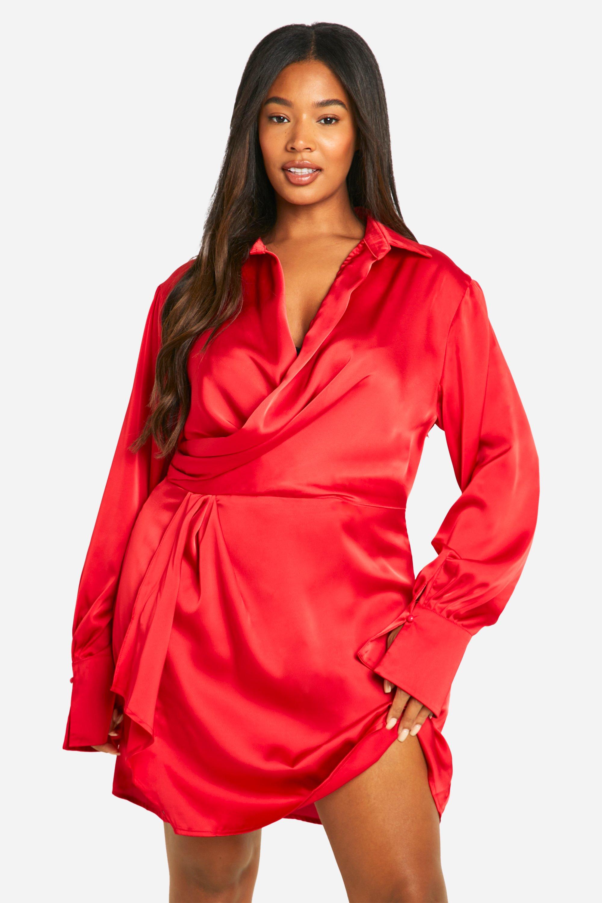 Boohoo Plus Mini Blouse Jurk Met Kraag En Laag Decolleté, Red