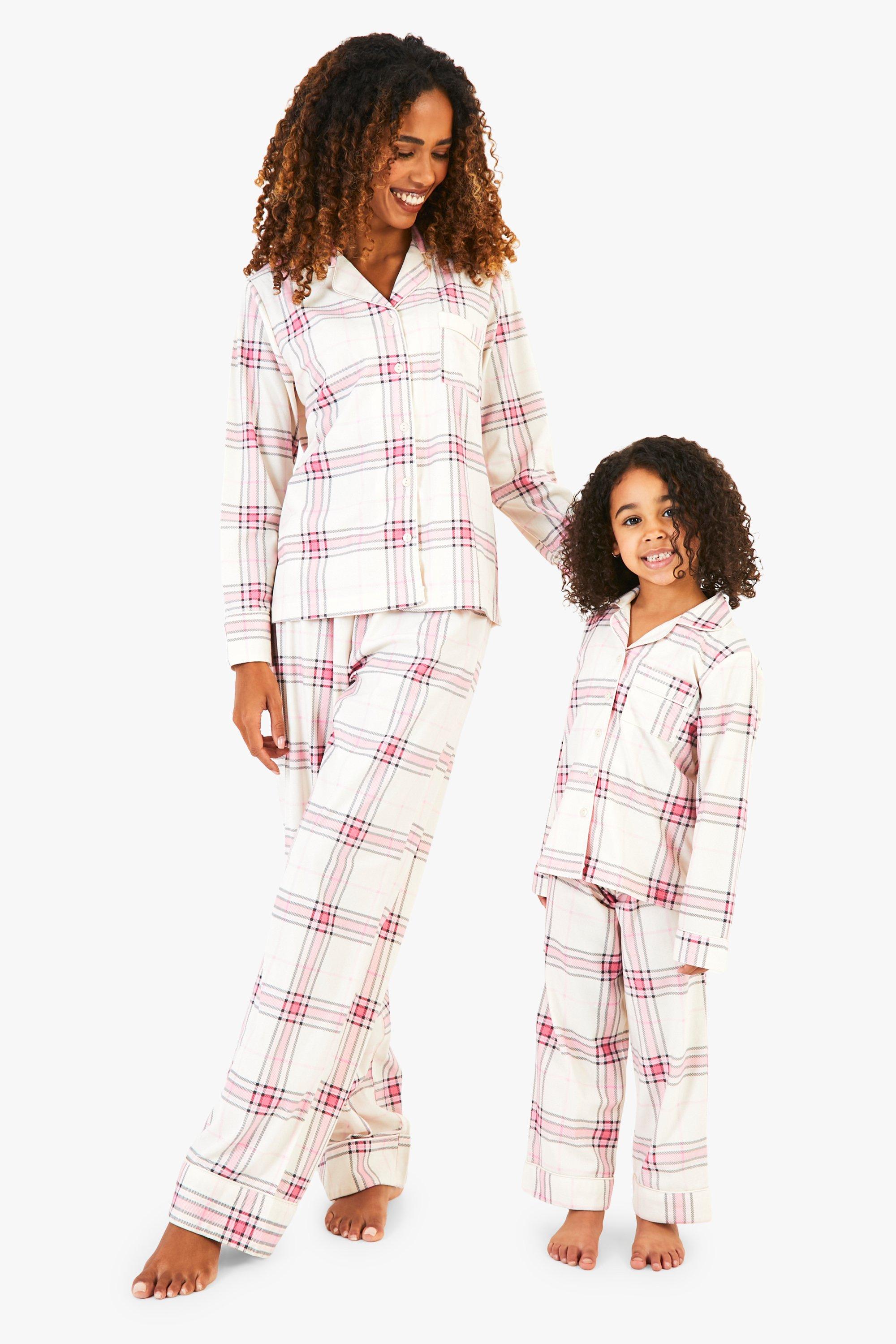 Womens Ladies Mini Me Matching Pink Check Trouser Pyjamas Set - 16, Pink