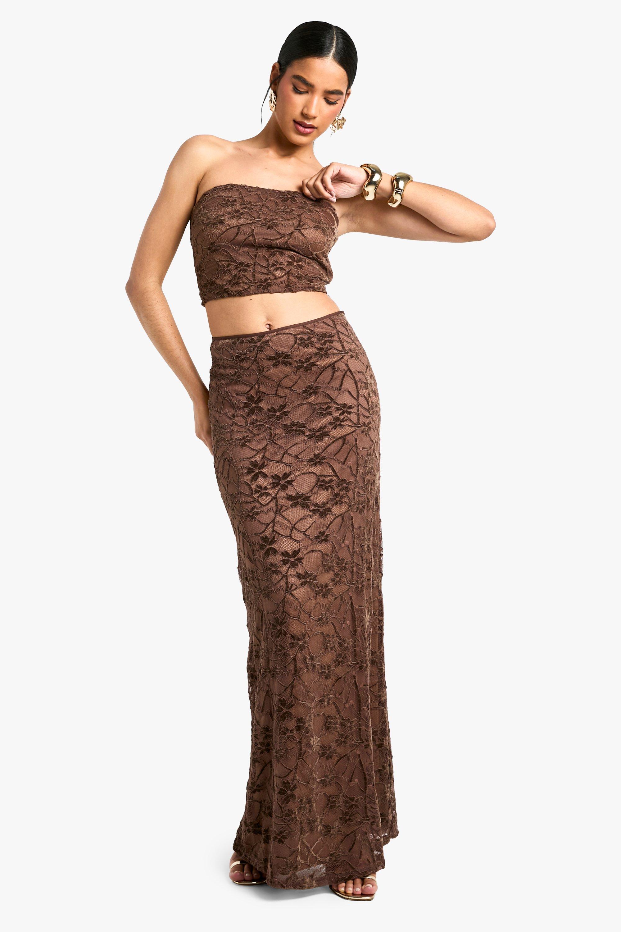 Boohoo Kanten Fluwelen Bias Maxi Rok, Mocha