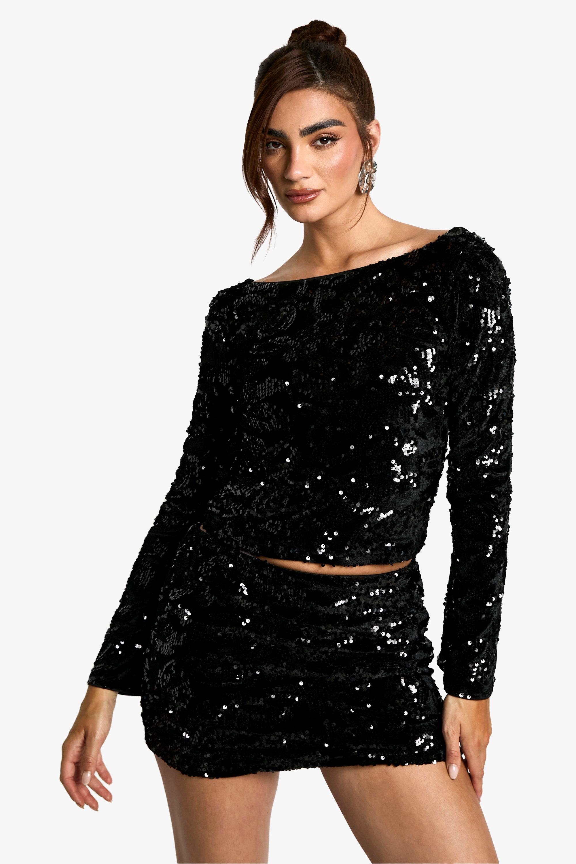 Boohoo Fluwelen Glitter Mini Rokje Met Pailletten, Black