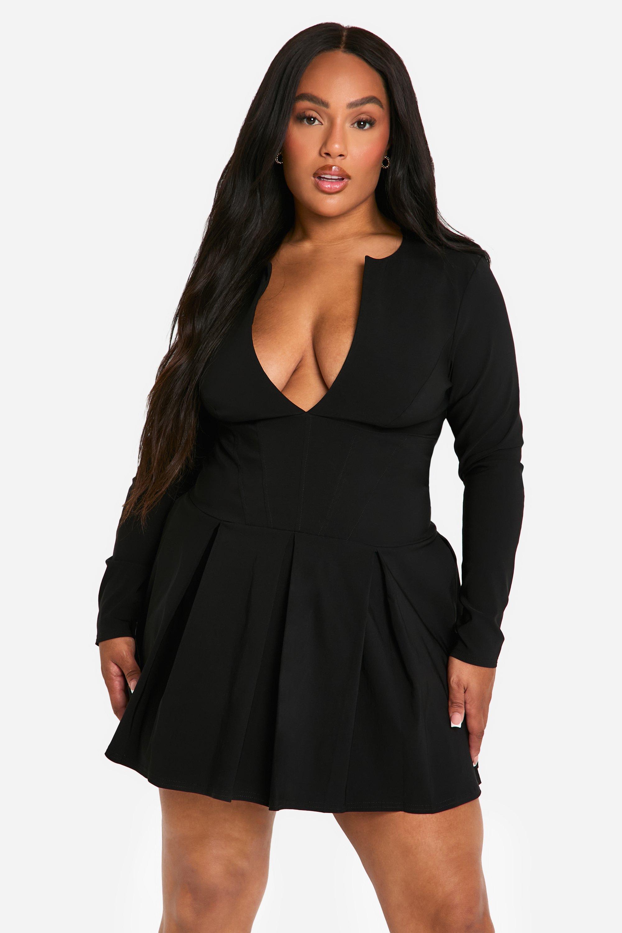 Boohoo Plus Jurk Met Lange Mouwen, Korset Detail, Laag Decolleté En Geplooide Zoom, Black