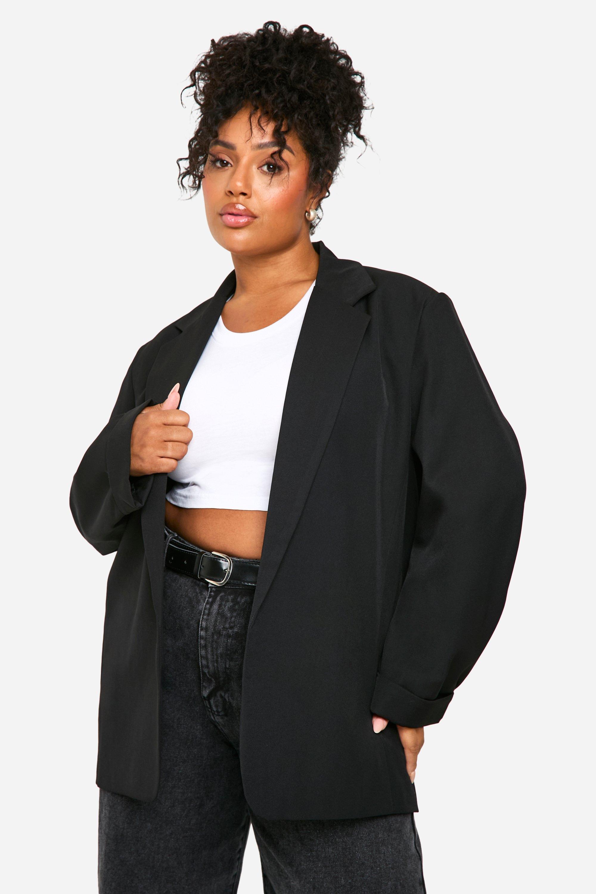 Boohoo Plus Baggy Blazer Met Omgeslagen Mouwen, Black