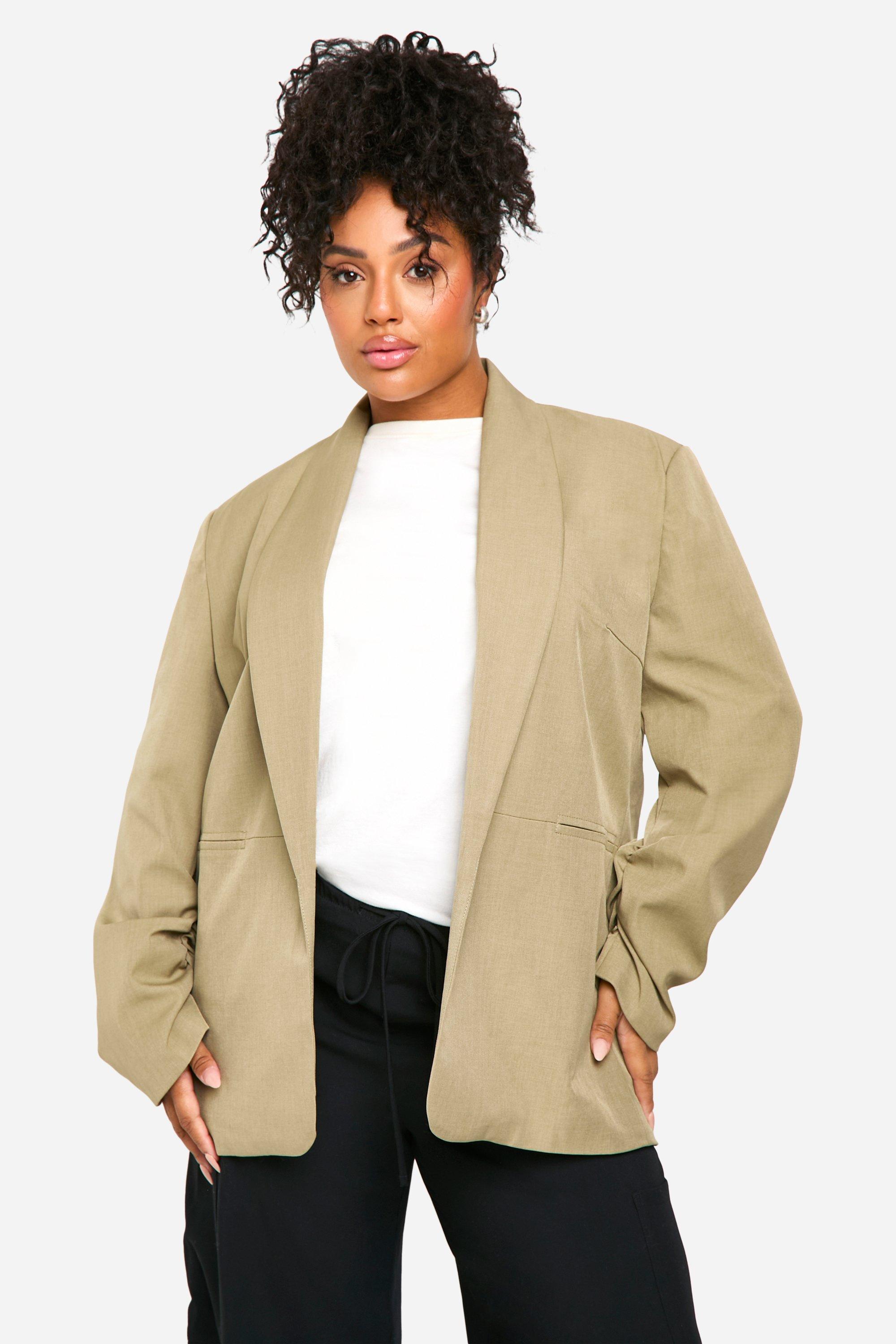 Boohoo Plus Oversized Blazer Met Geplooide Mouwen, Light Khaki