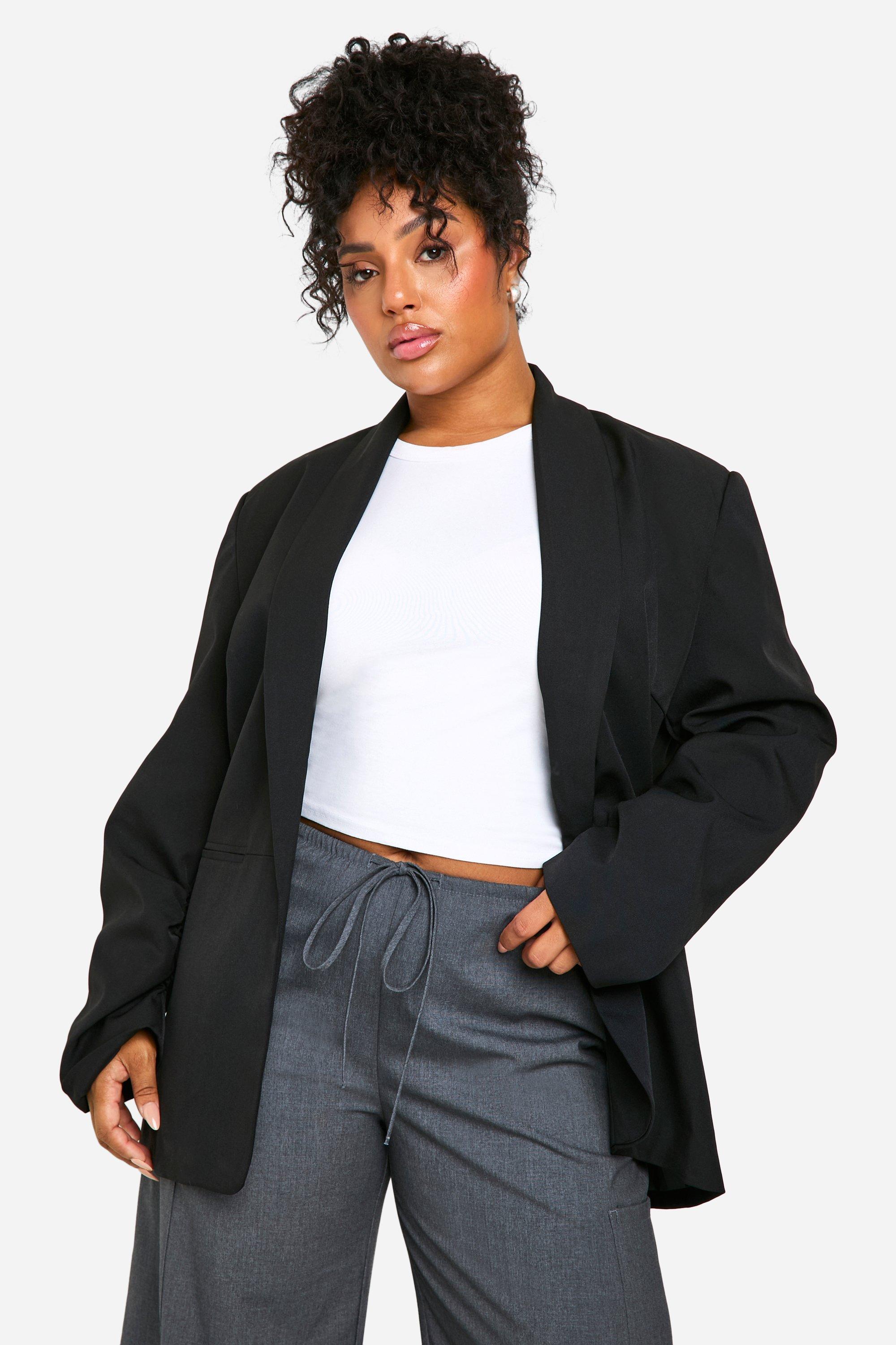 Boohoo Plus Oversized Blazer Met Geplooide Mouwen, Black