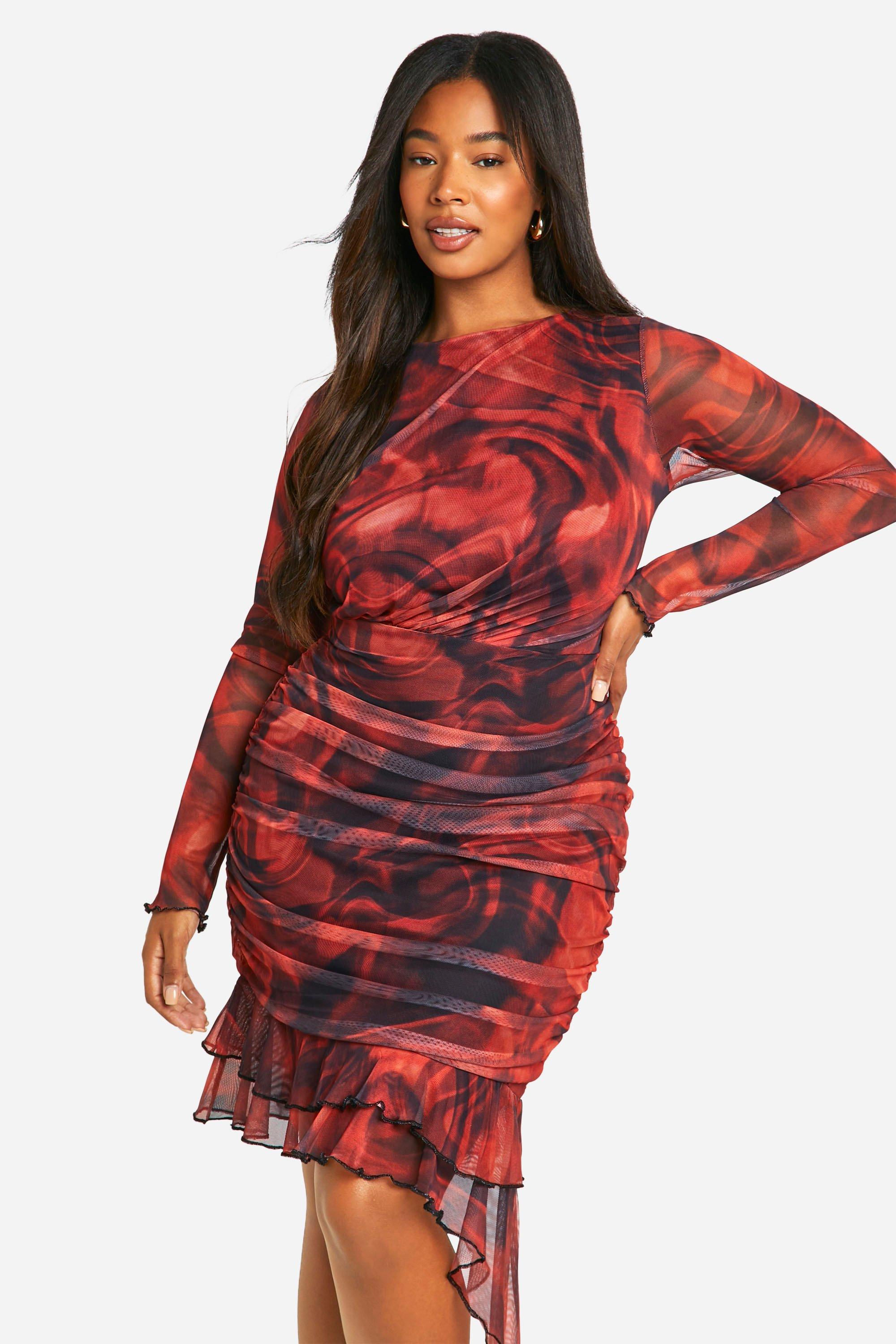 Boohoo Plus Geplooide Mini Jurk Met Lange Mouwen, Print En Ruches, Red