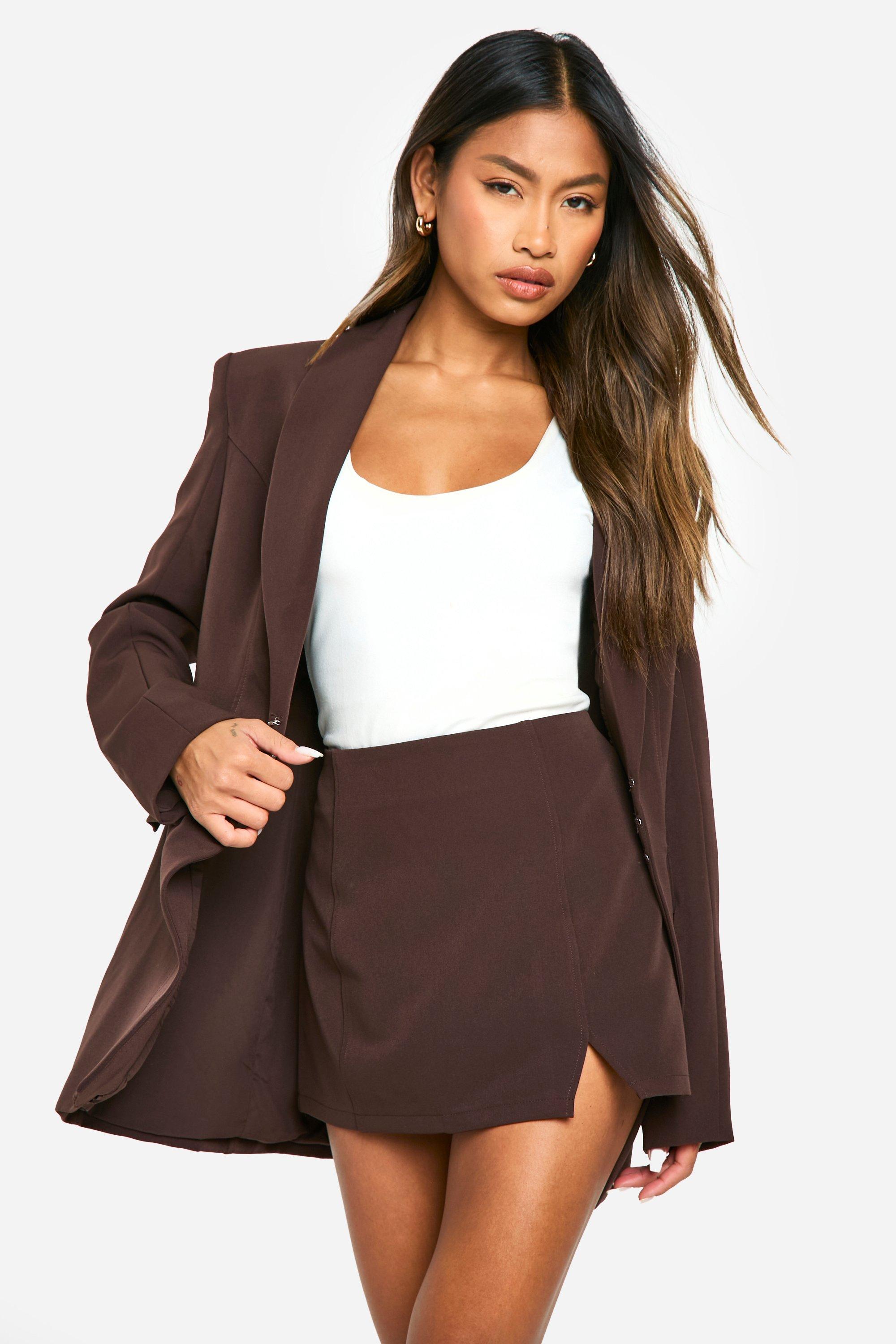 Boohoo Micro Mini Rokje Met Split, Chocolate