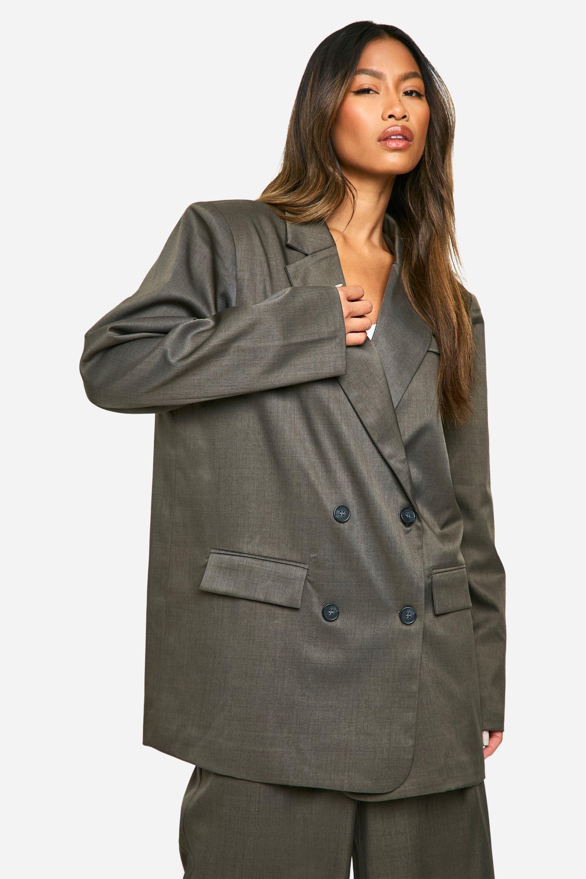 Boohoo Oversized Baggy Mergel Long Line Blazer, Grey-Khaki