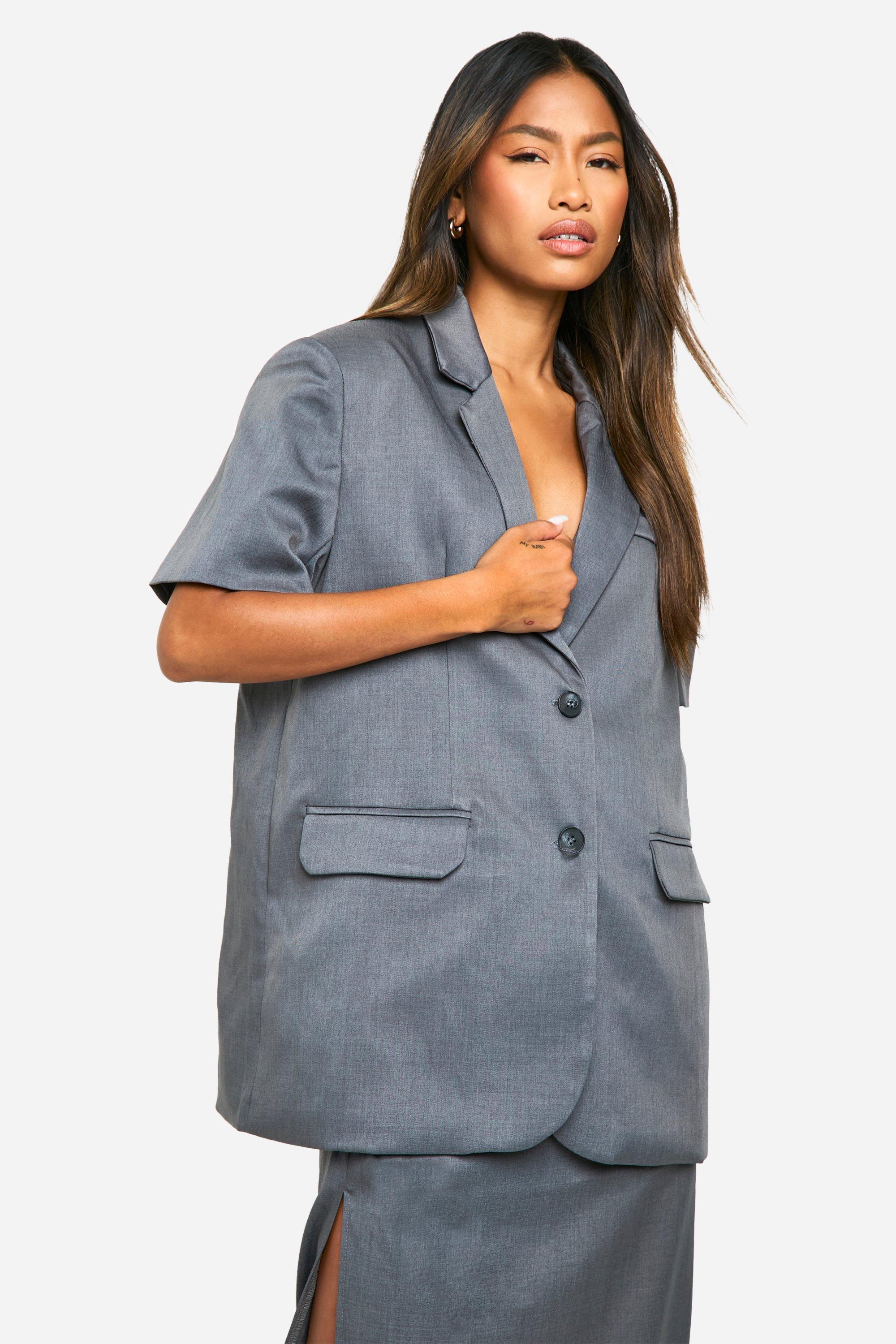 Boohoo Oversized Mergel Long Line Blazer Met Schouderpads En Korte Mouwen, Charcoal