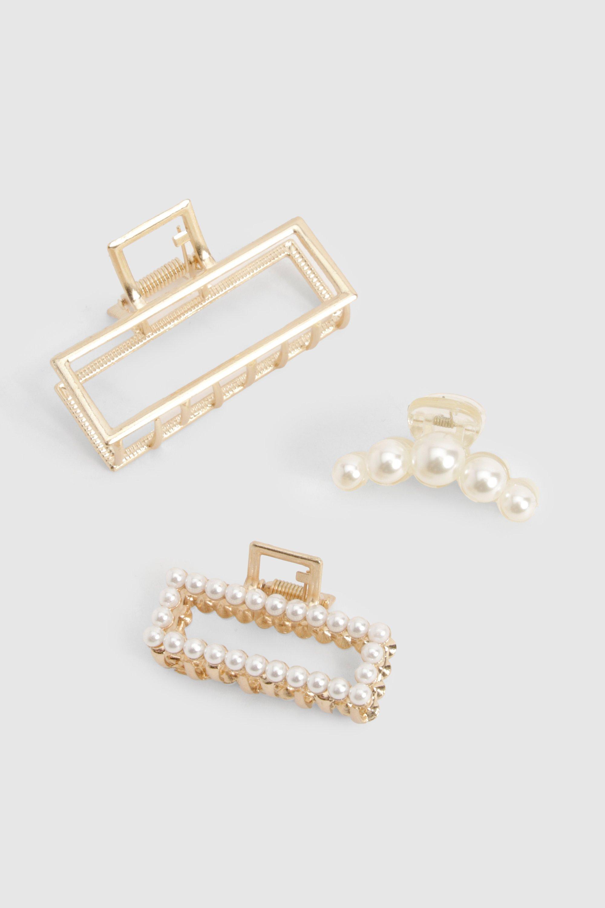 Click to view product details and reviews for Womens Pearl Detail 3 Pack Claw Clips Gold One Size Gold.