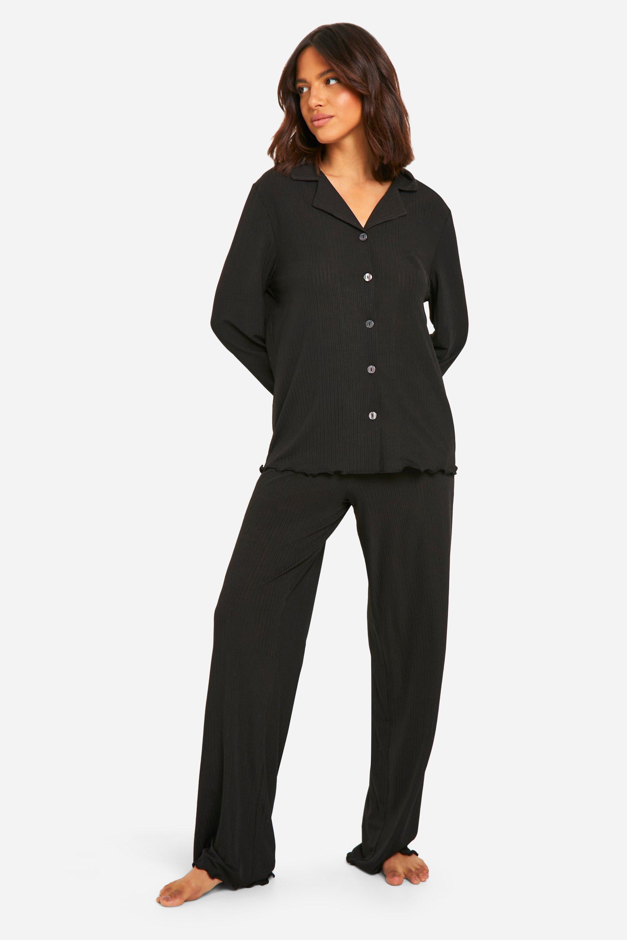 Womens Rib Button Front Trouser Pyjama Set - Black - 16, Black