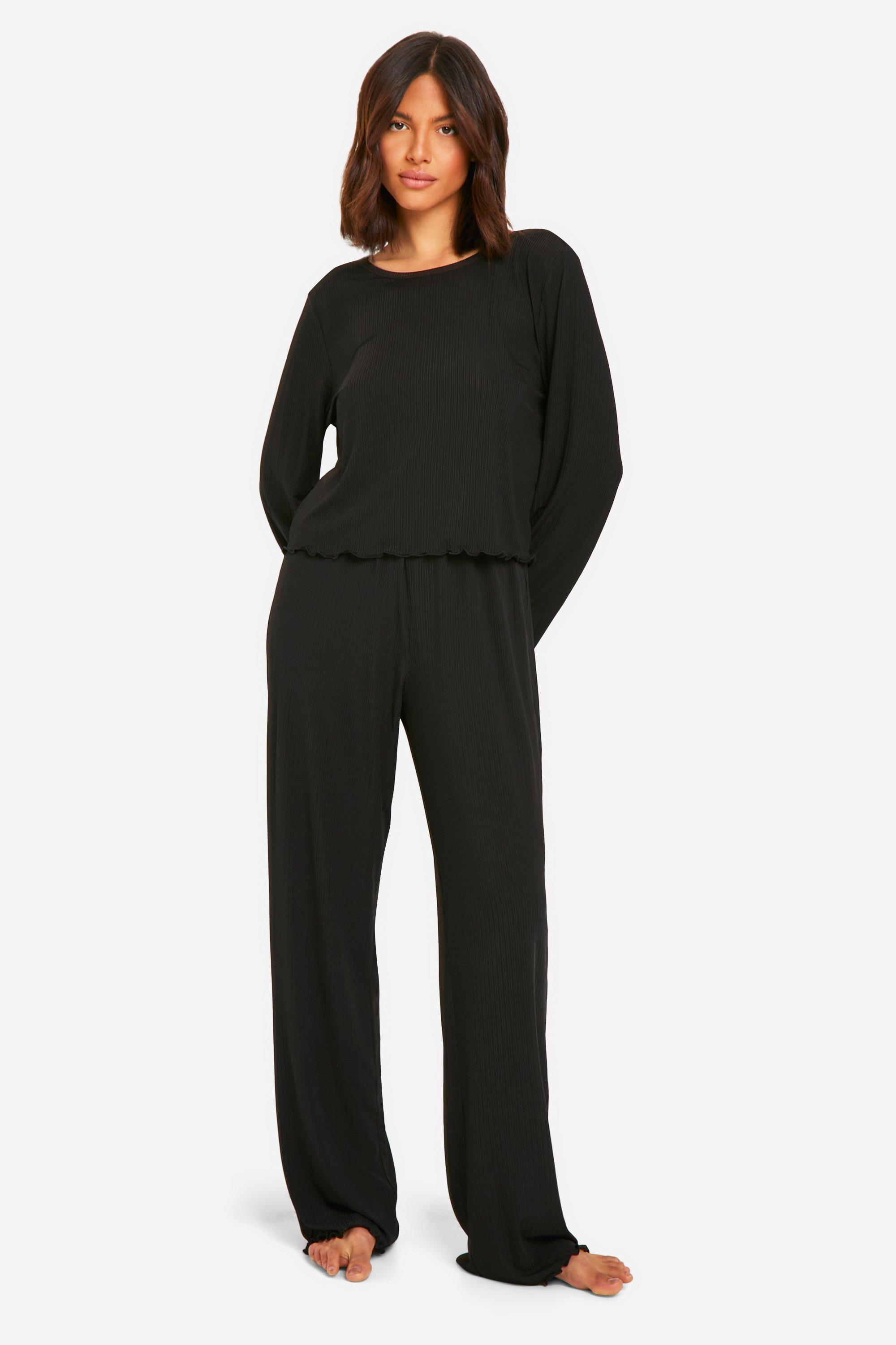 Womens Textured Lettuce Hem Trouser Pyjama Set - Black - 10, Black