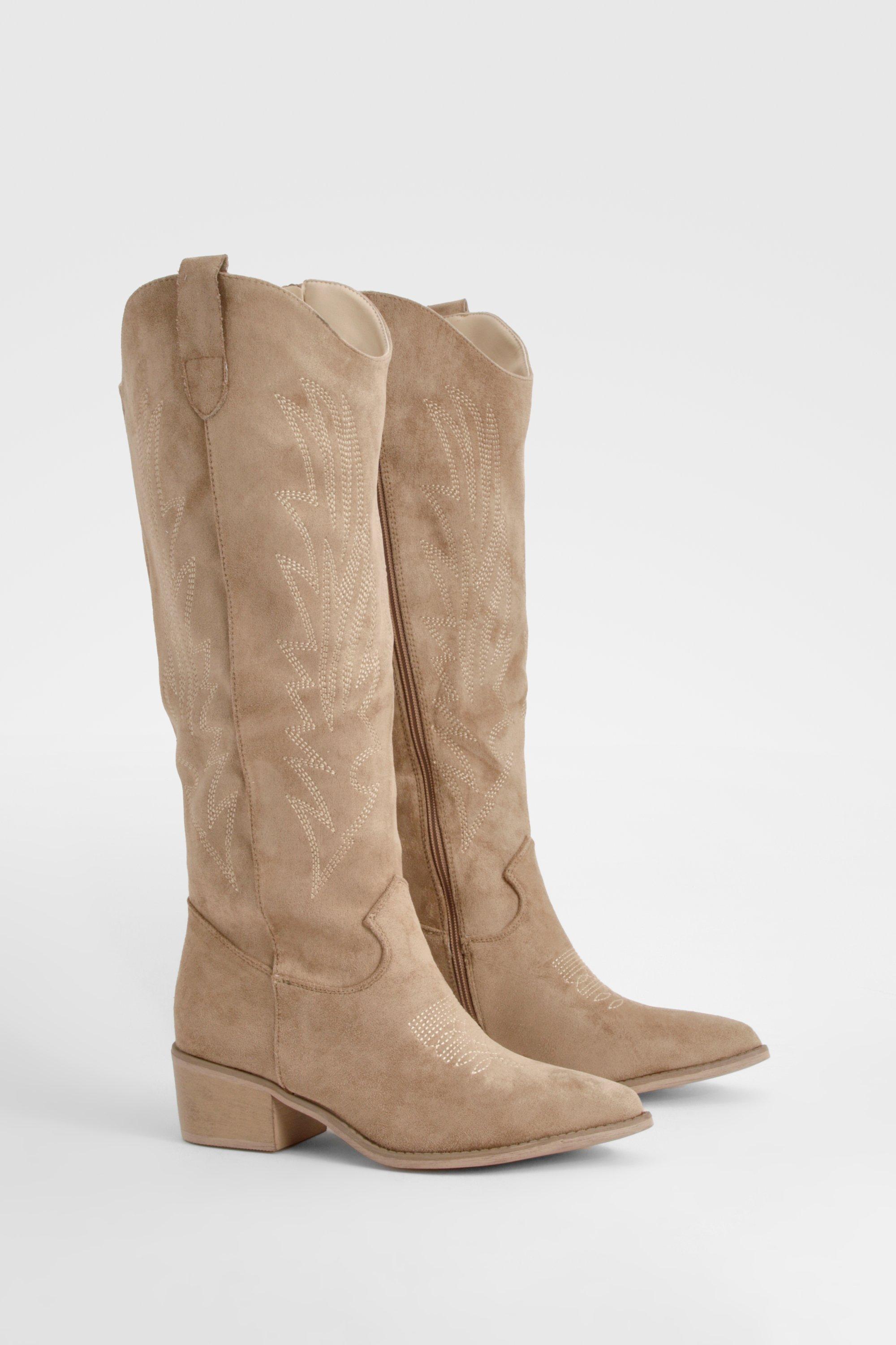 Boohoo Geborduurde Kniehoge Western Laarzen, Taupe