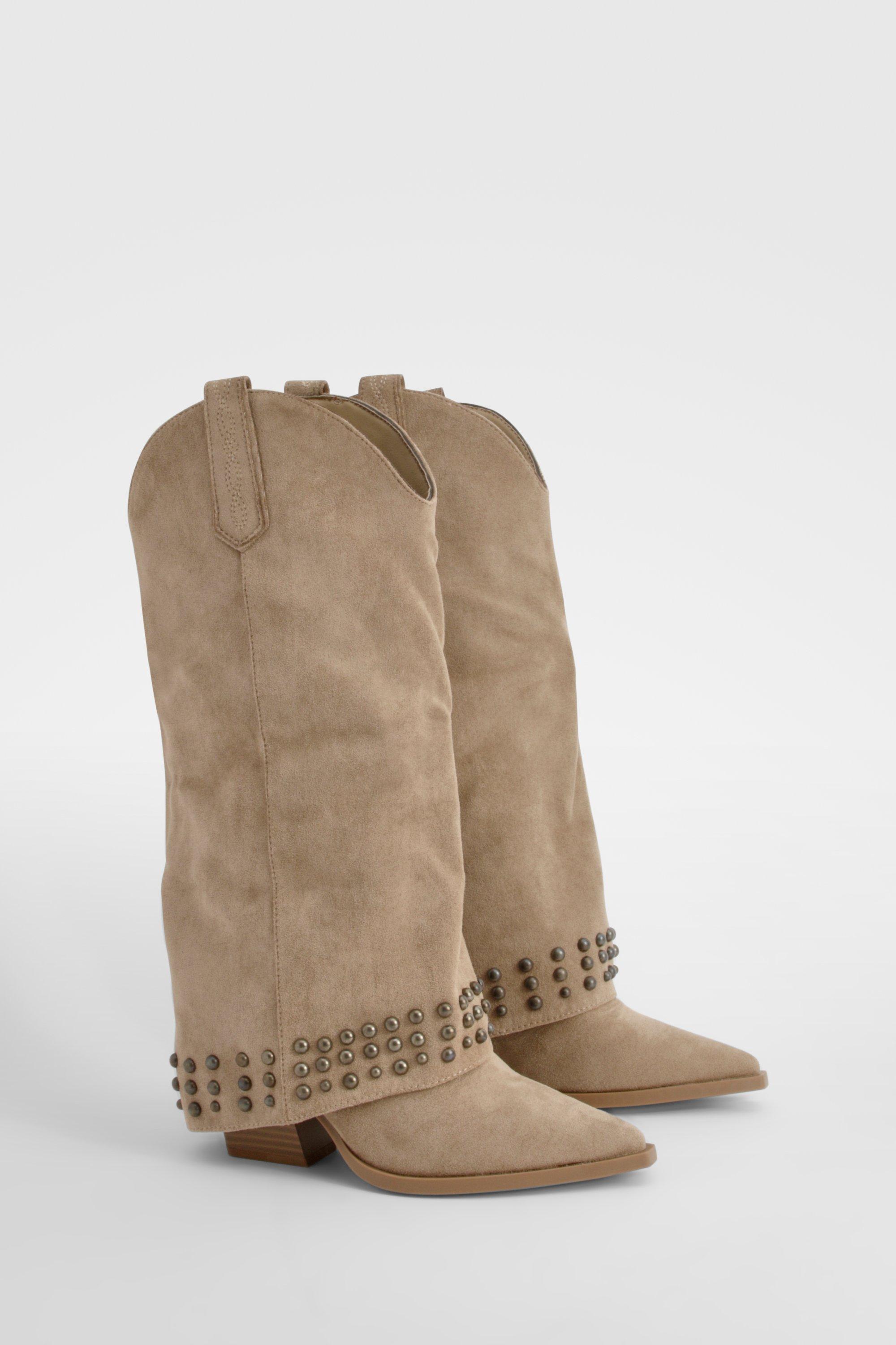 Boohoo Cowboylaarzen Met Studs En Vouw, Taupe