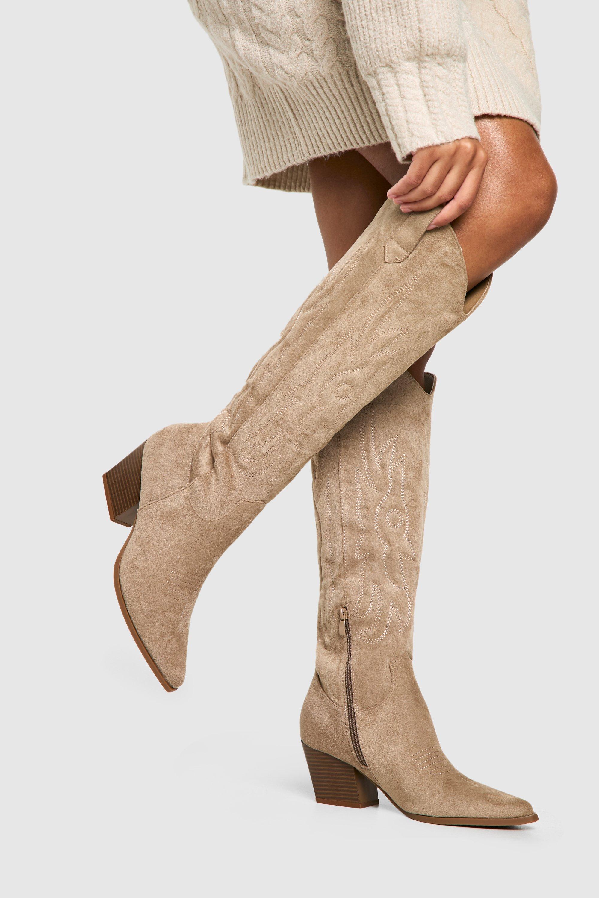 Boohoo Geborduurde Cowboylaarzen, Taupe