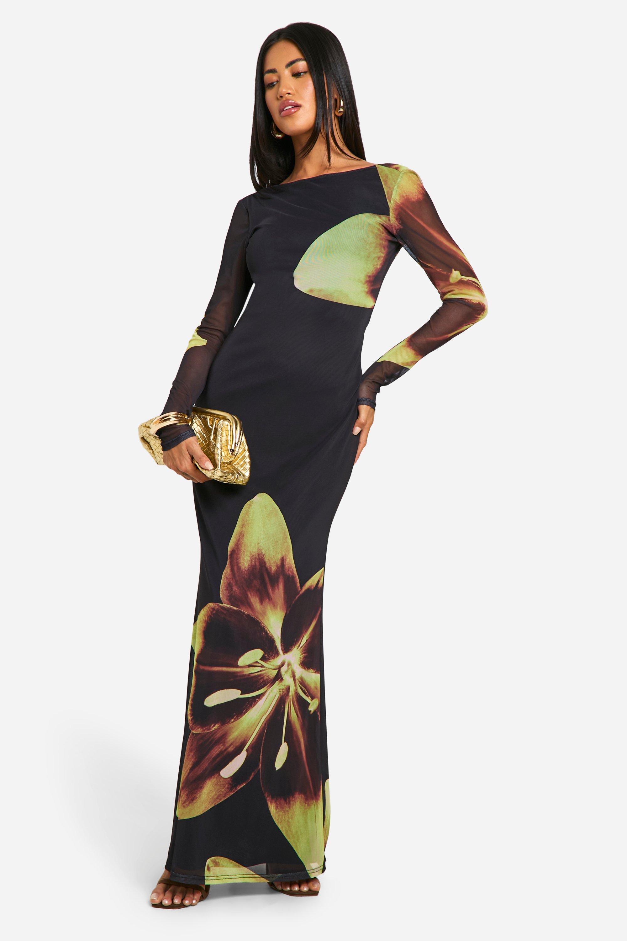 Image of Vestito maxi in rete a fiori con scollo a cappuccio sul retro, Nero