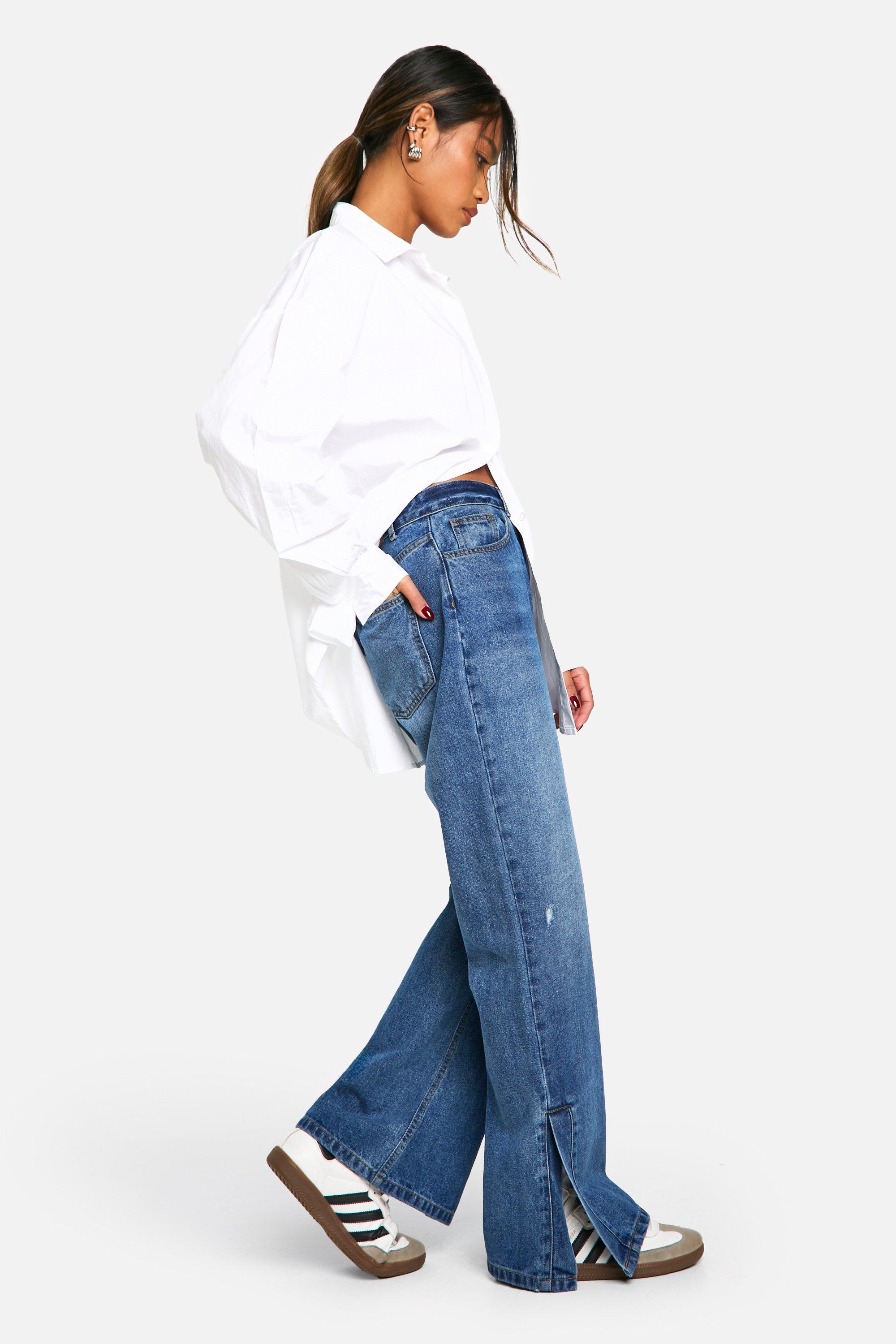 Boohoo Jeans Met Wijd Uitlopende Pijpen En Split, Mid Blue