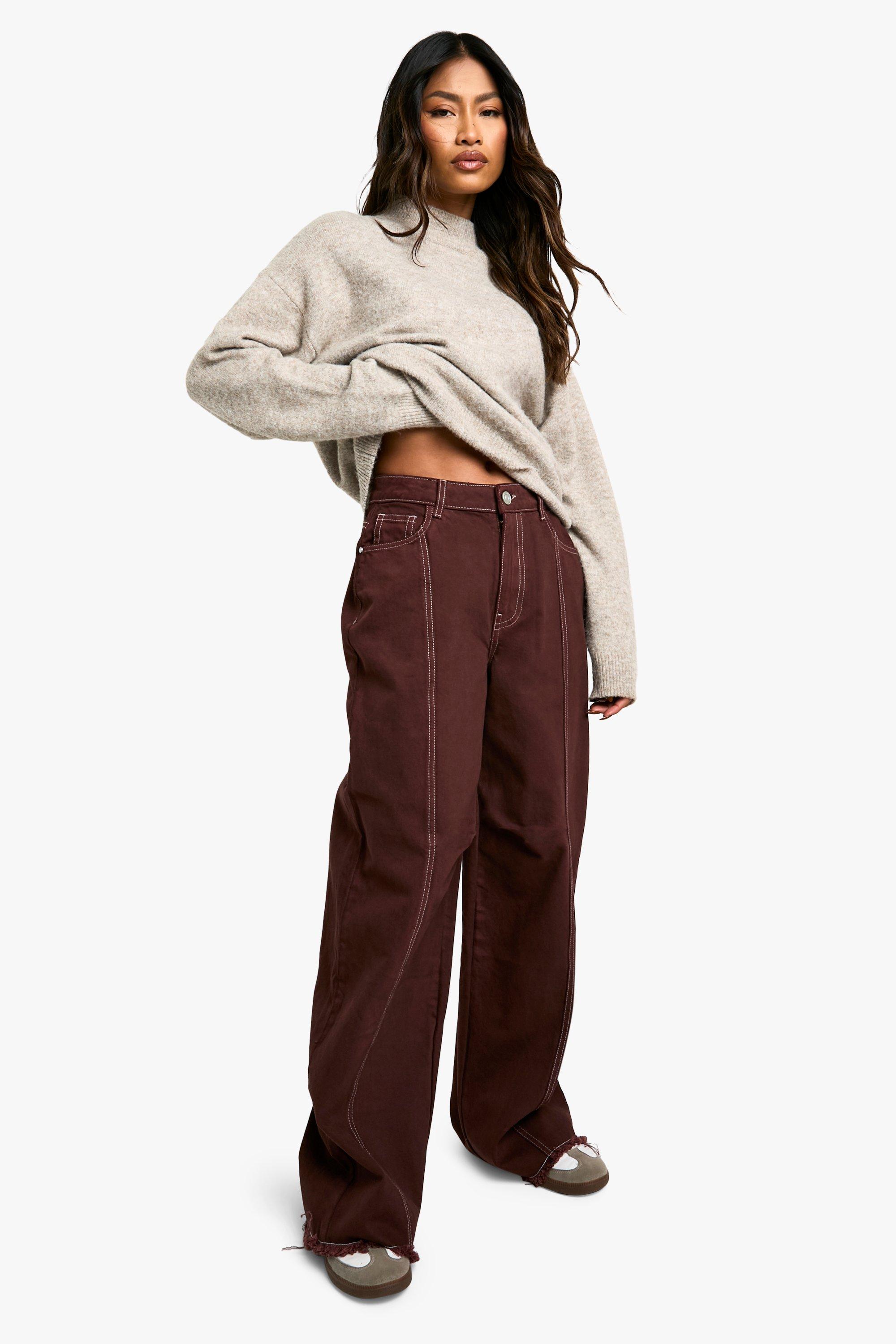 Boohoo Wide Leg Jeans Met Contrasterende Stiksels, Choc Brown