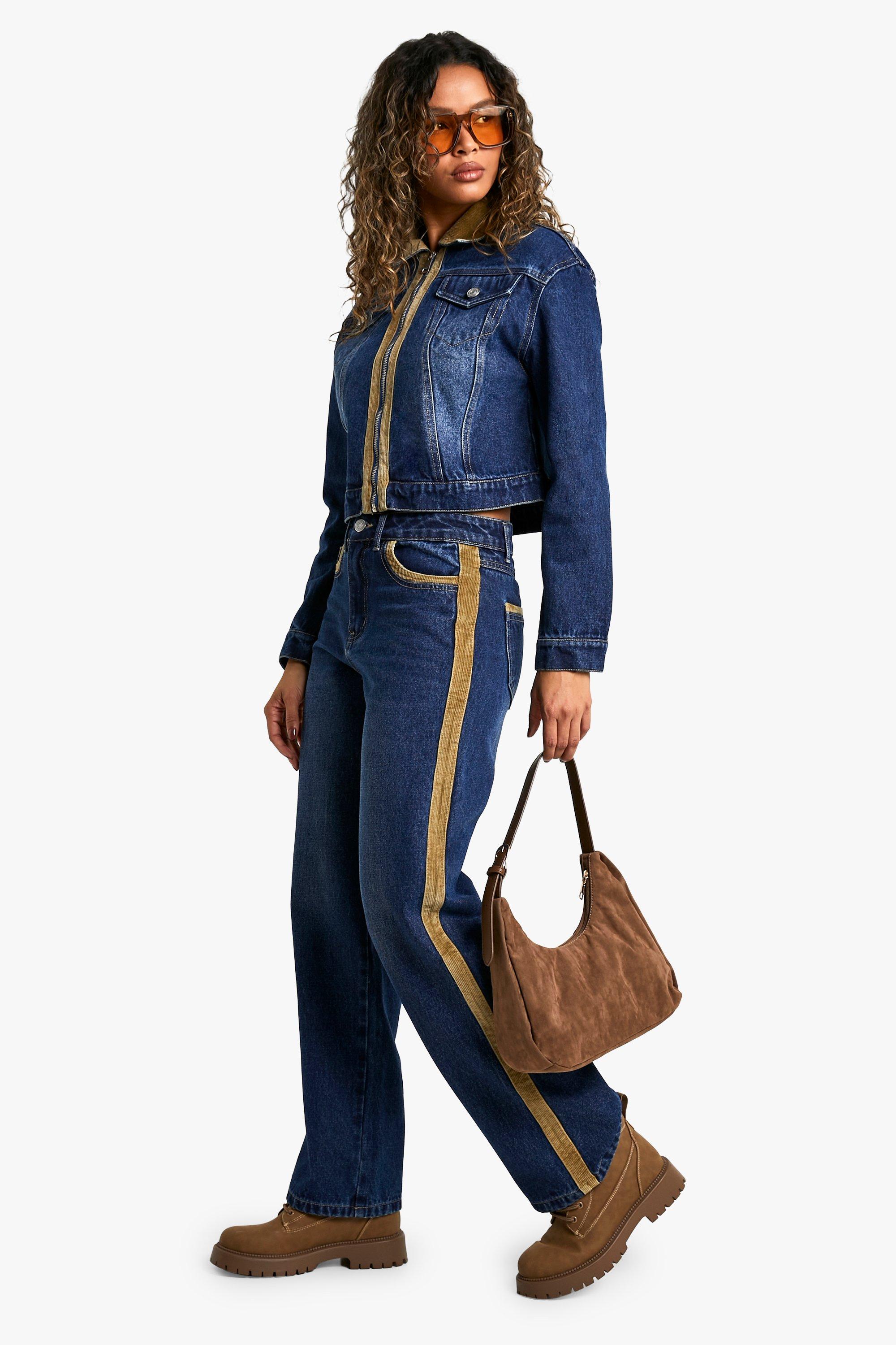 Boohoo Denim Jeans Met Corduroy Zoom En Rechte Pijpen, Mid Blue