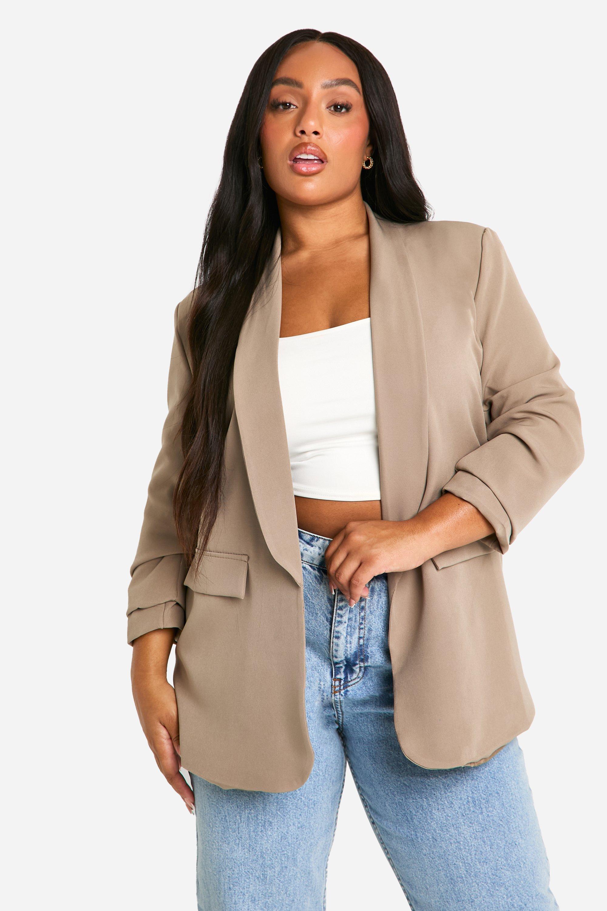 Boohoo Plus Blazer Met Geplooide Mouwen En Reverskraag, Taupe